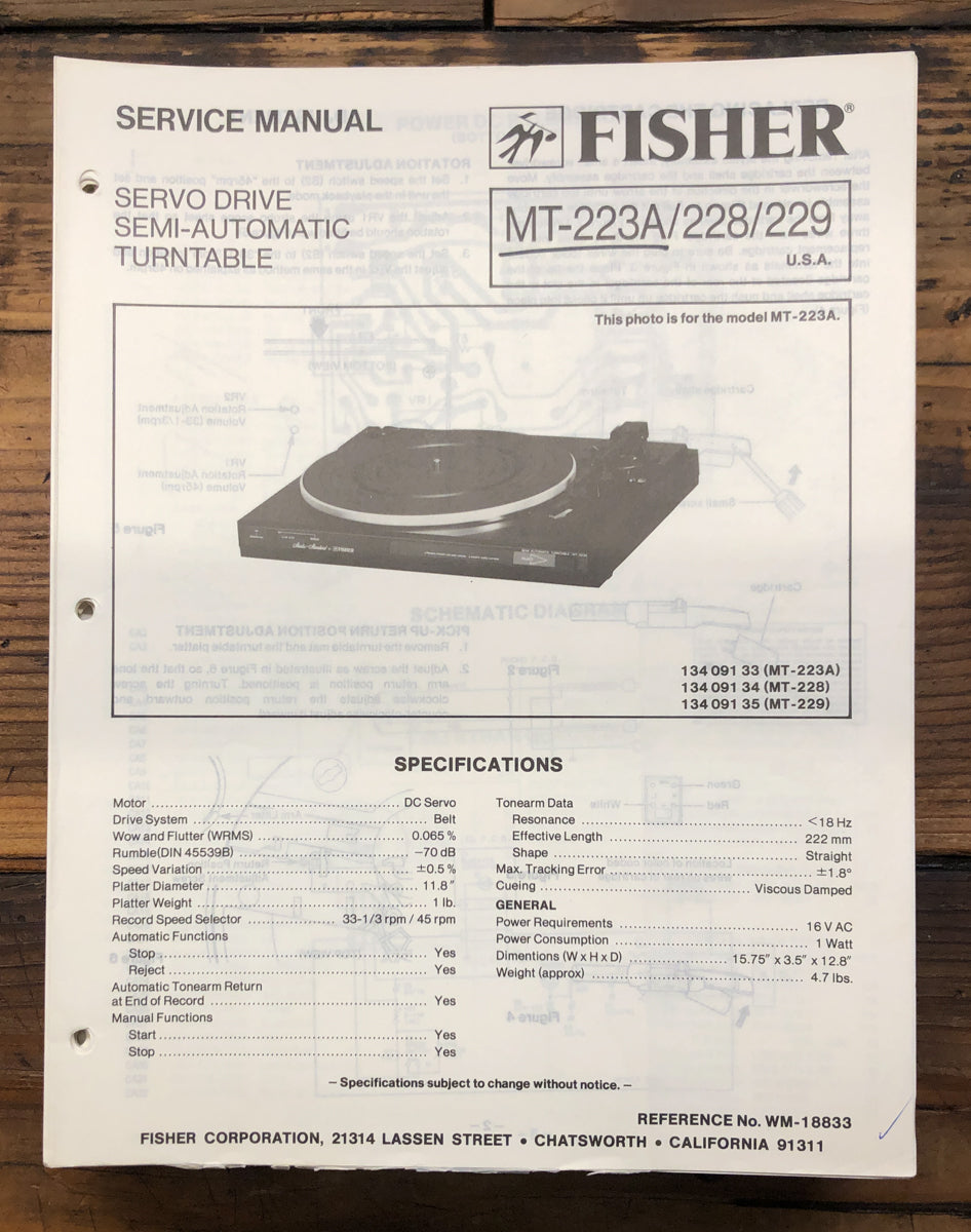 Fisher MT-223A MT-228 MT-229 Record Player Service Manual *Original*