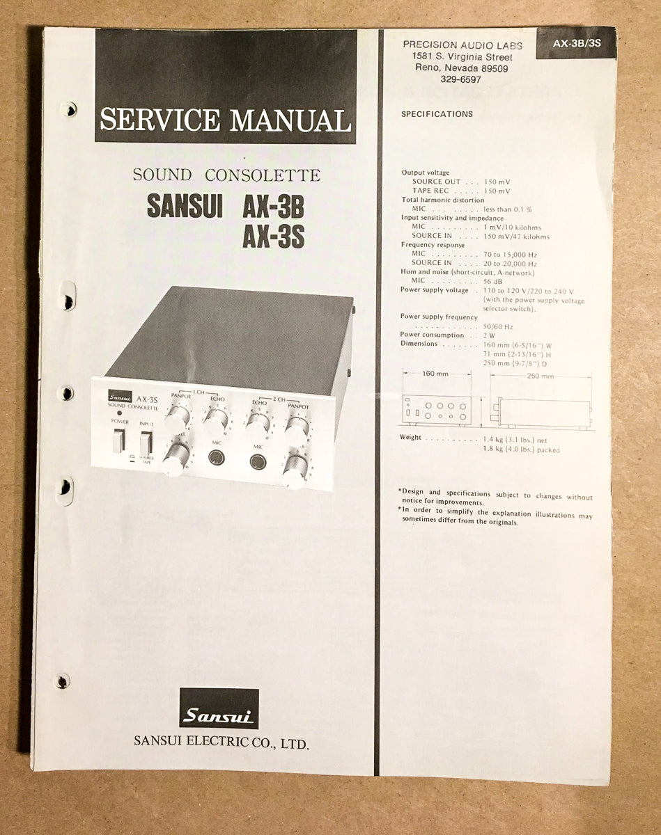 Sansui AX-3B AX-3S Sound Consolette Service Manual *Original*