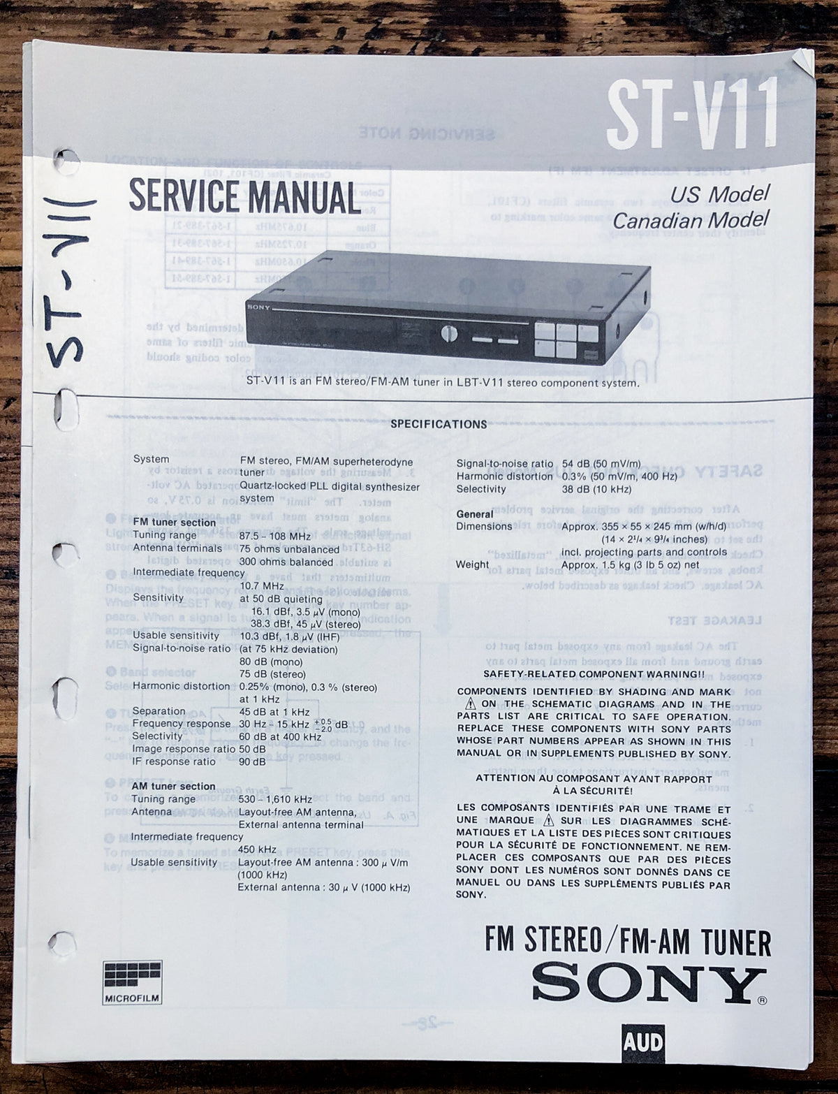 Sony ST-V11 Tuner Service Manual *Original*