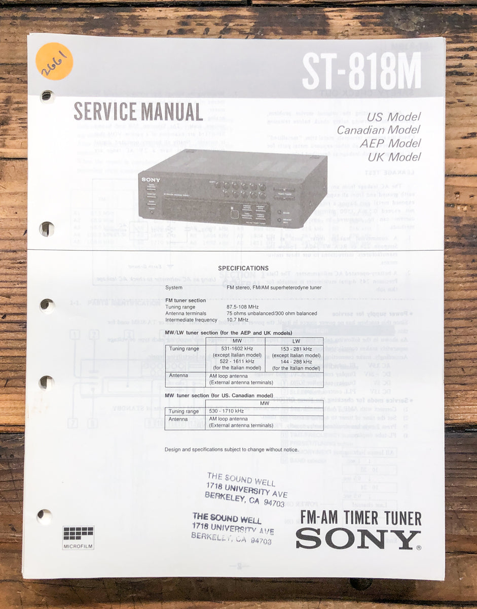 Sony ST-818M Tuner Service Manual *Original*