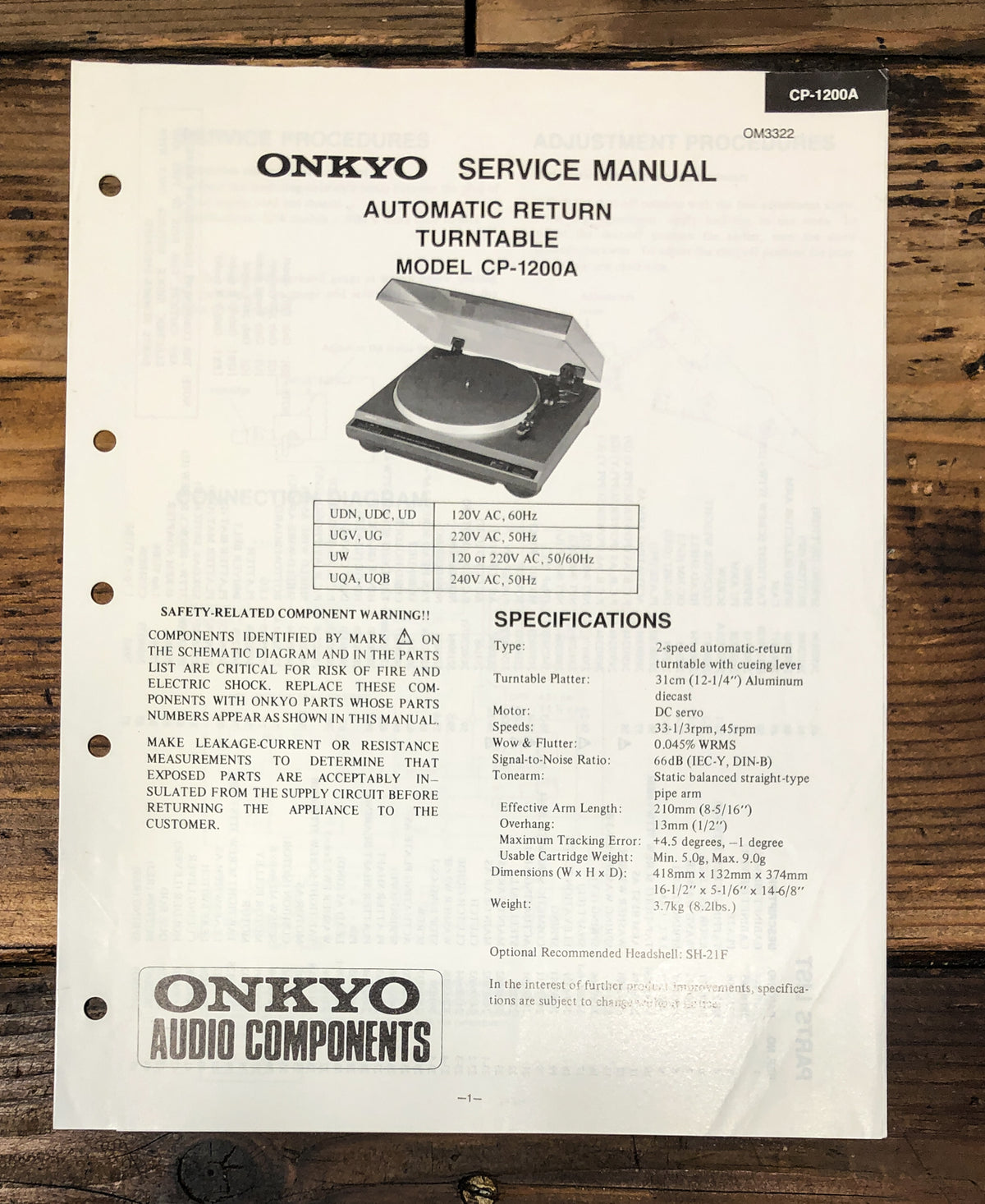 Onkyo CP-1200A Record Player / Turntable Service Manual *Original*