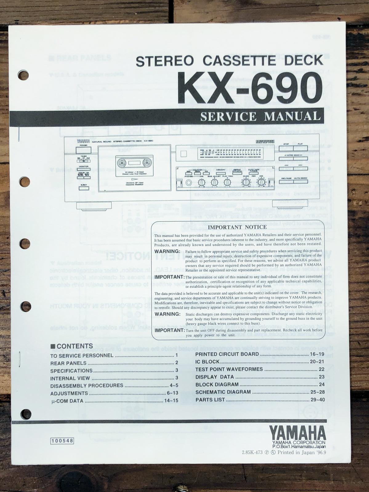 Yamaha KX-690 Cassette Service Manual *Original*