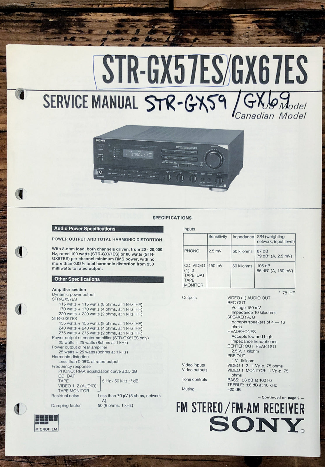 Sony STR-GX57ES -GX67ES Receiver Service Manual *Original*