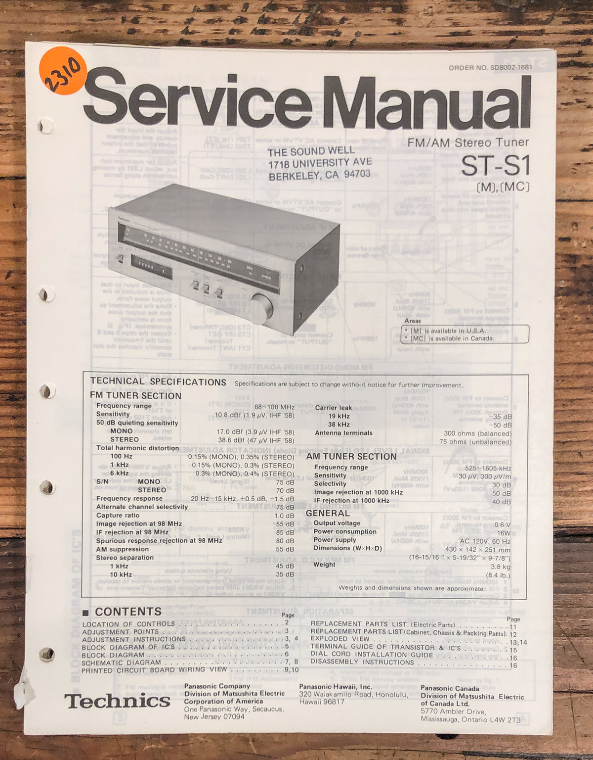 Technics ST-S1 Tuner Service Manual *Original*