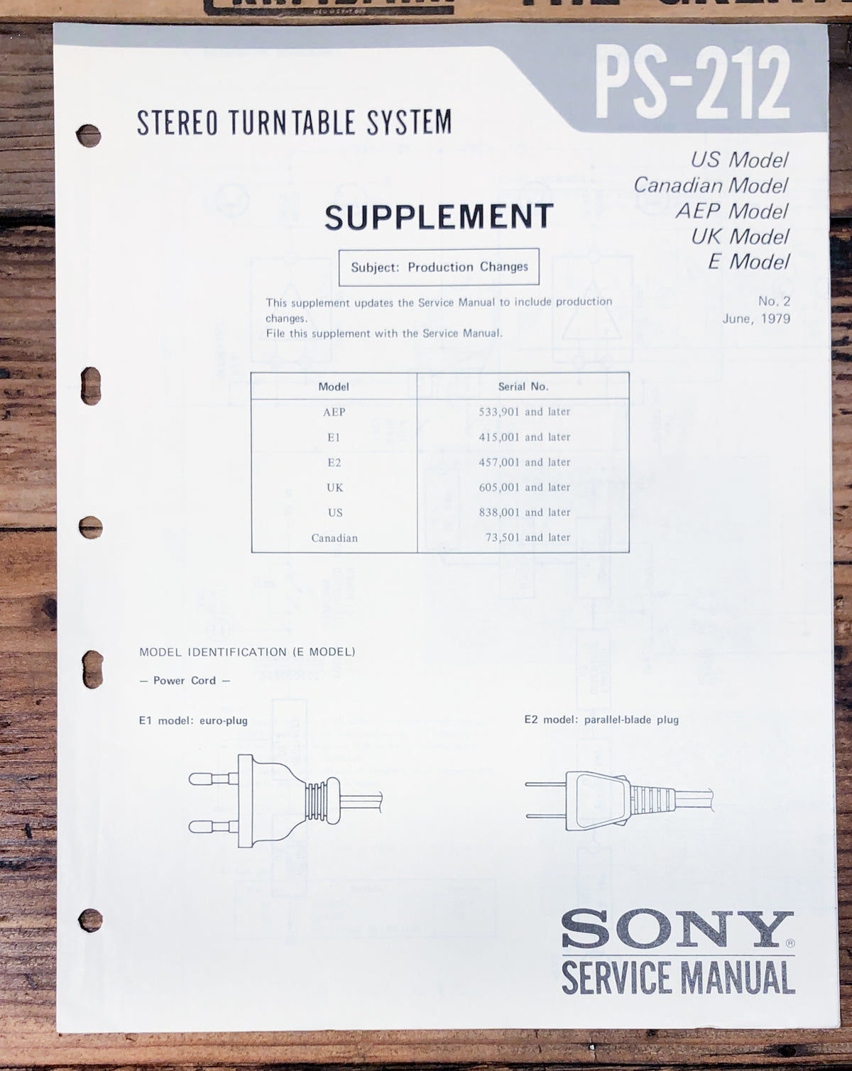 Sony PS-212 Record Player / Turntable Supp. Service Manual *Original*