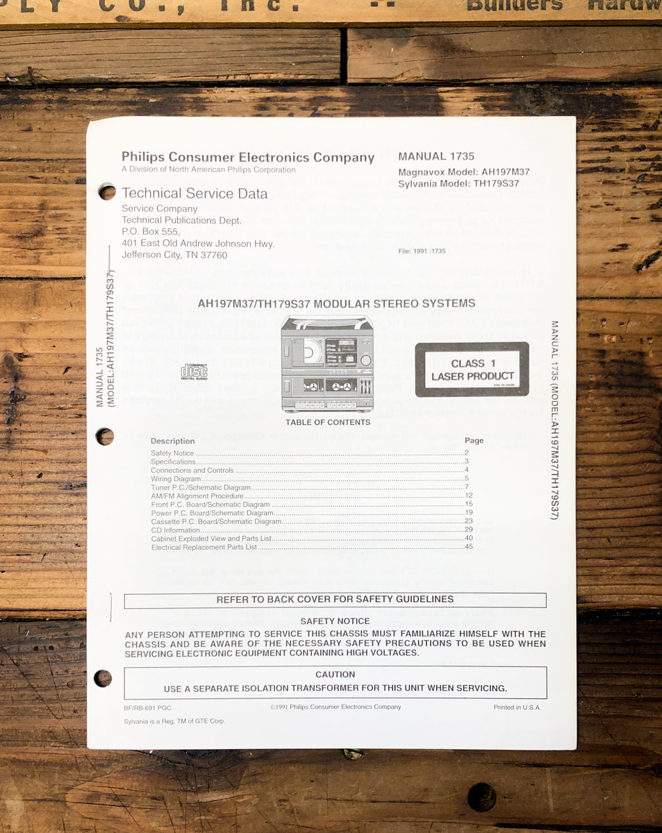 Magnavox Sylvania AH197 M37 TH179 S37 Stereo Service Manual *Original*