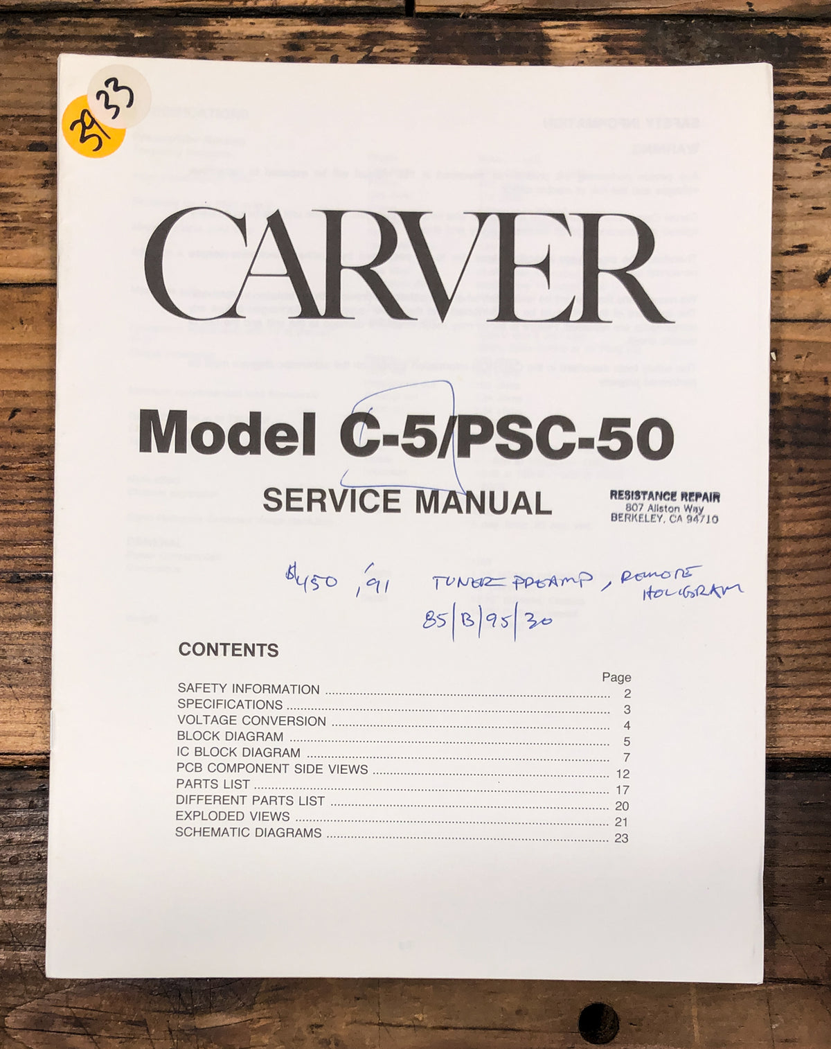 Carver C-5 PSC-50 Preamp / Preamplifier Service Manual *Original*