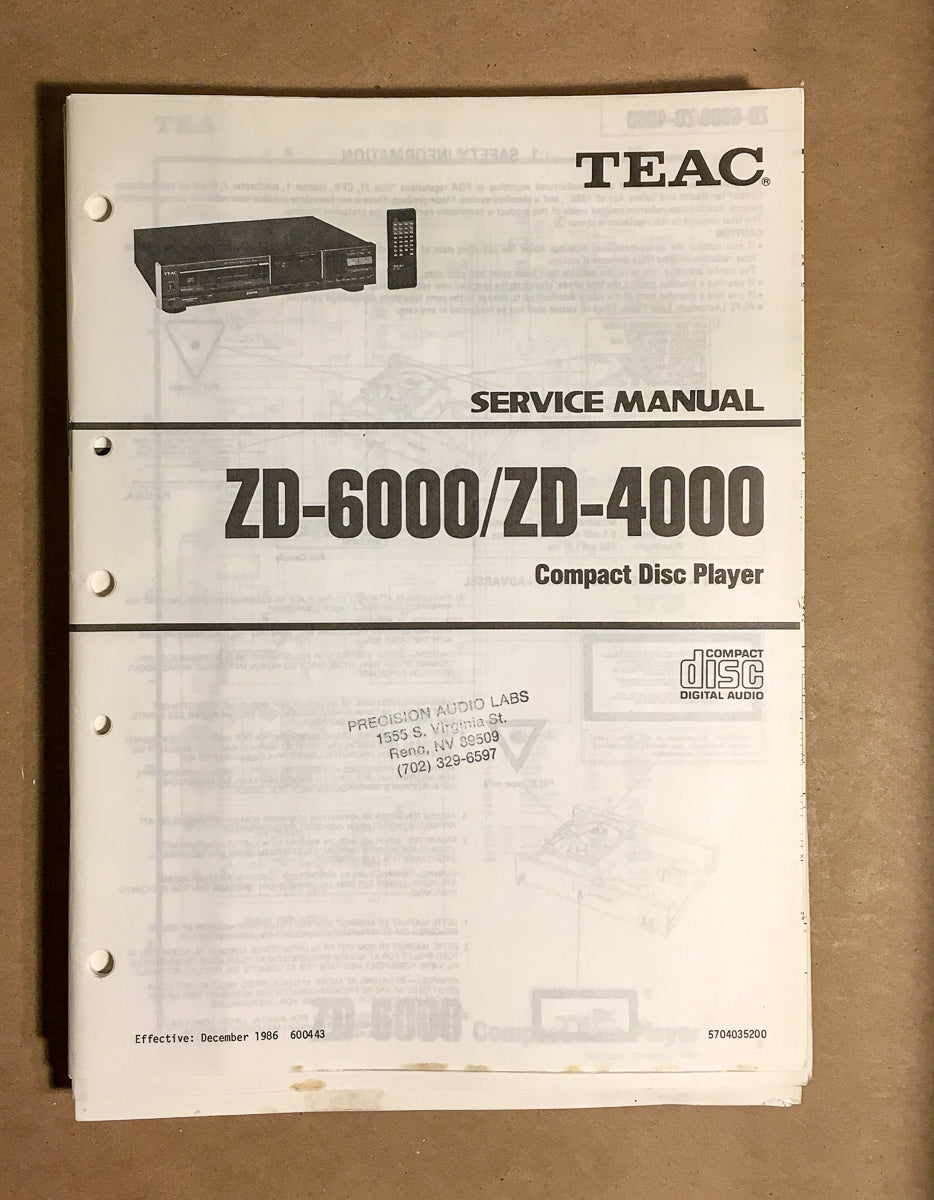 Teac ZD-6000 ZD-4000 CD Player Service Manual *Original*