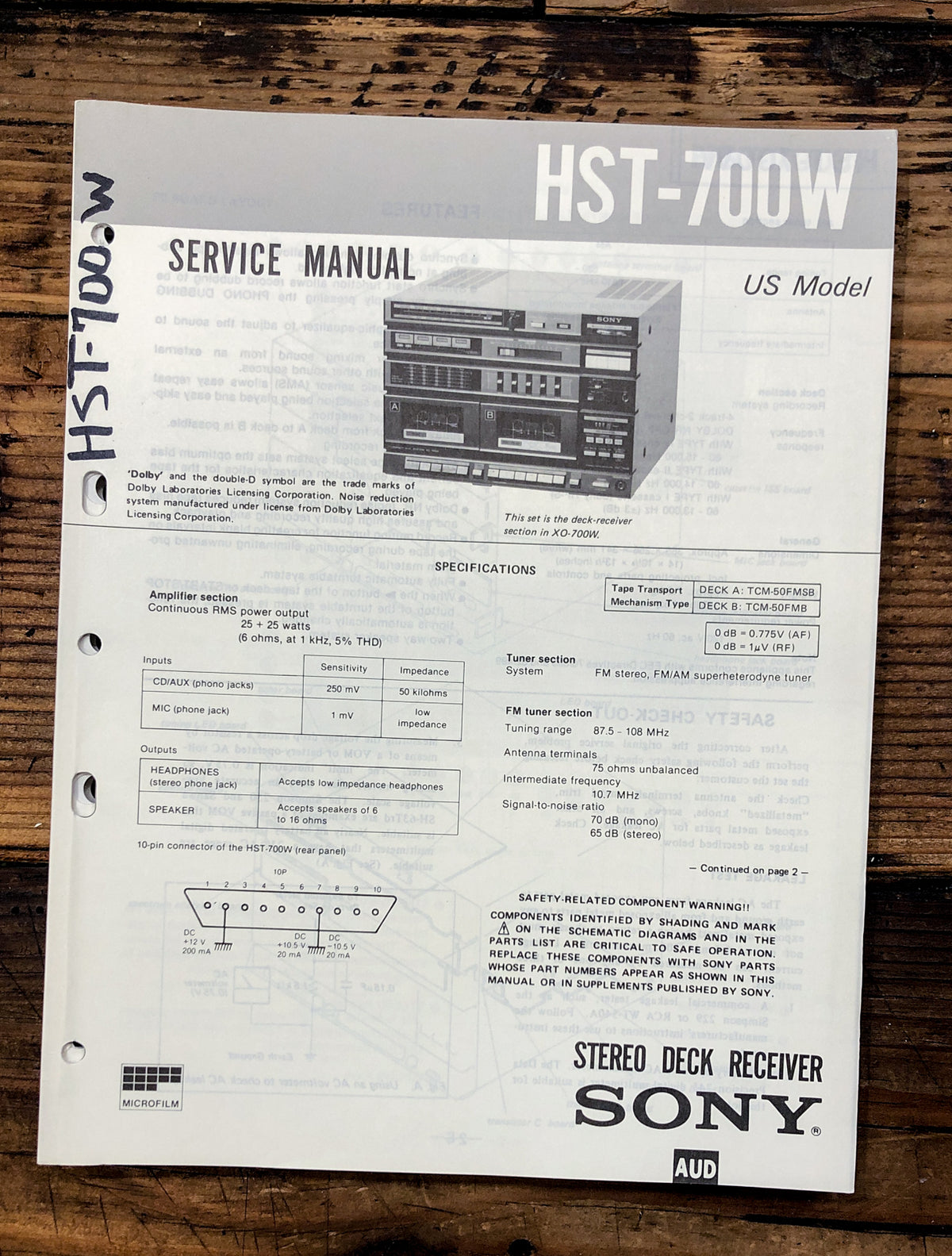 Sony HST-700W Stereo Service Manual *Original*