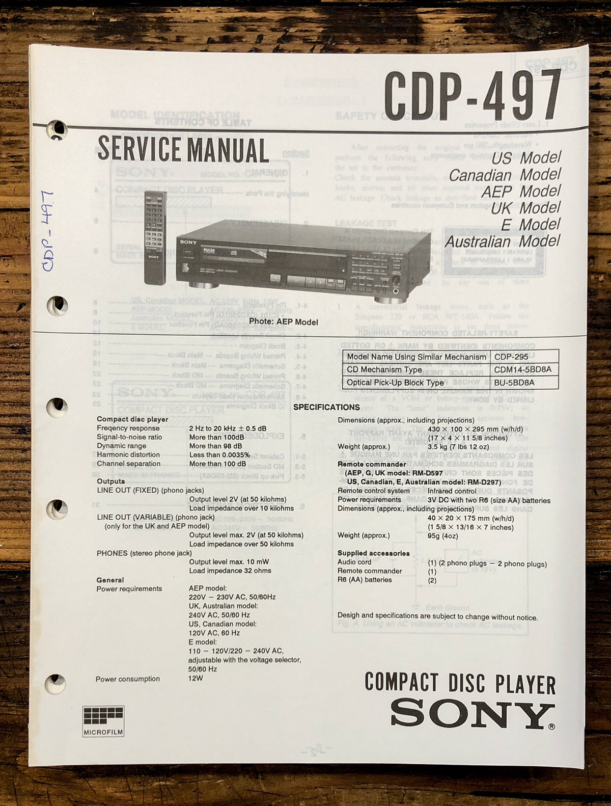 Sony CDP-497 CD Player Service Manual *Original*