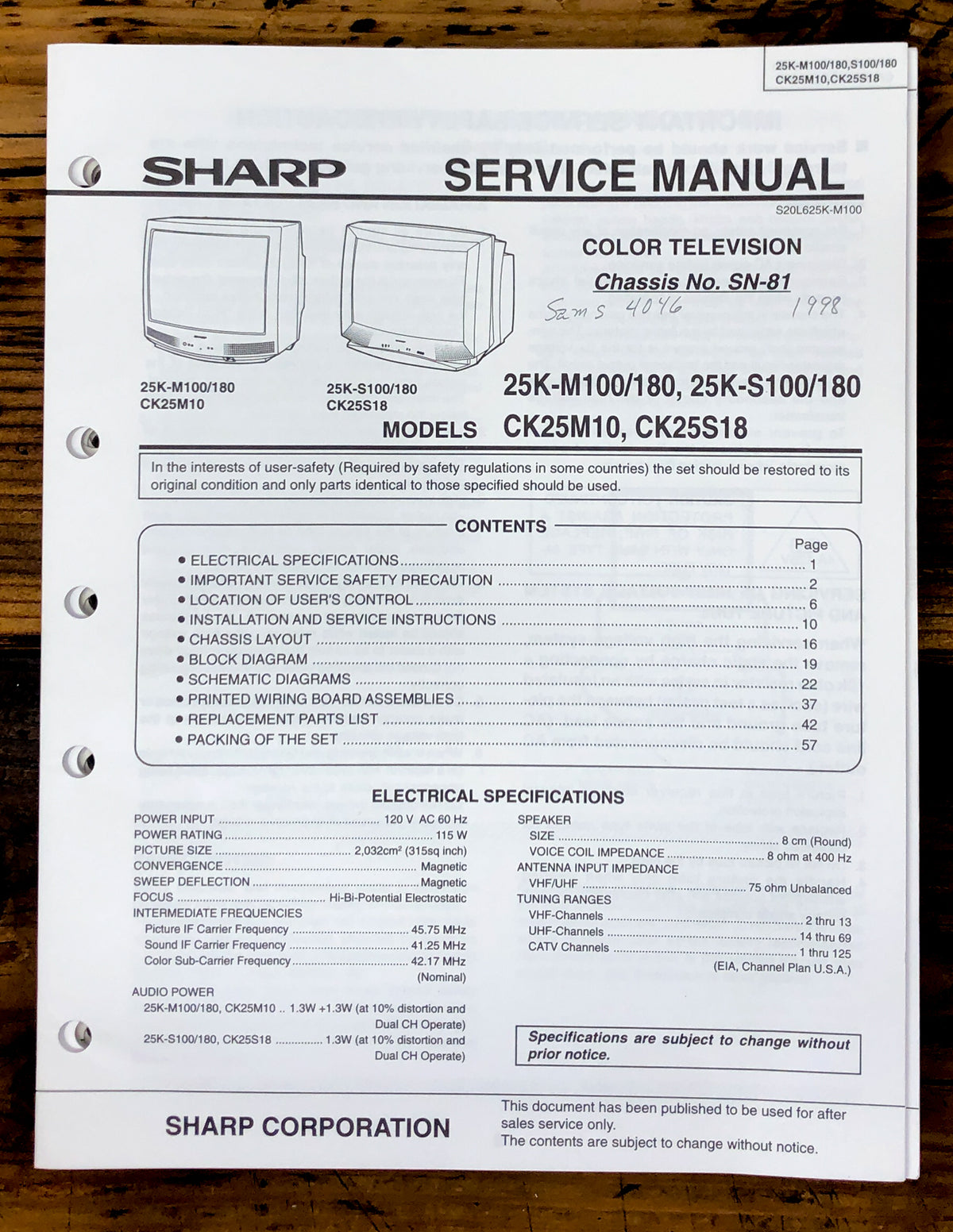 Sharp 25K-M100 25K-S100 TV / Television Service Manual *Original*