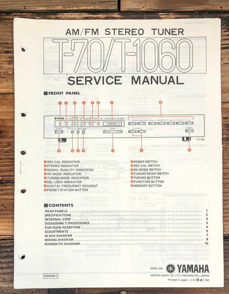 Yamaha T-70 T-1060 Tuner Service Manual *Original*