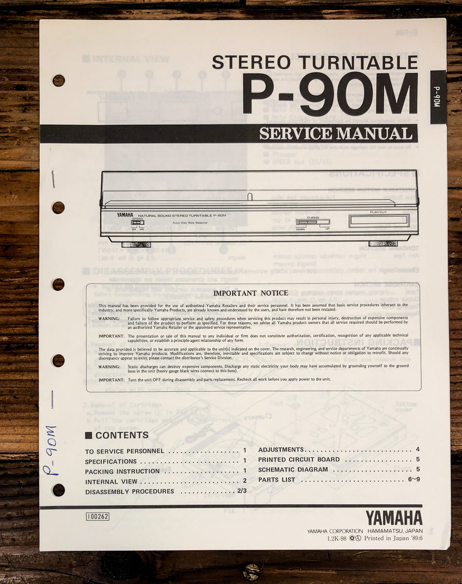 Yamaha P-90M Record Player / Turntable Service Manual *Original*