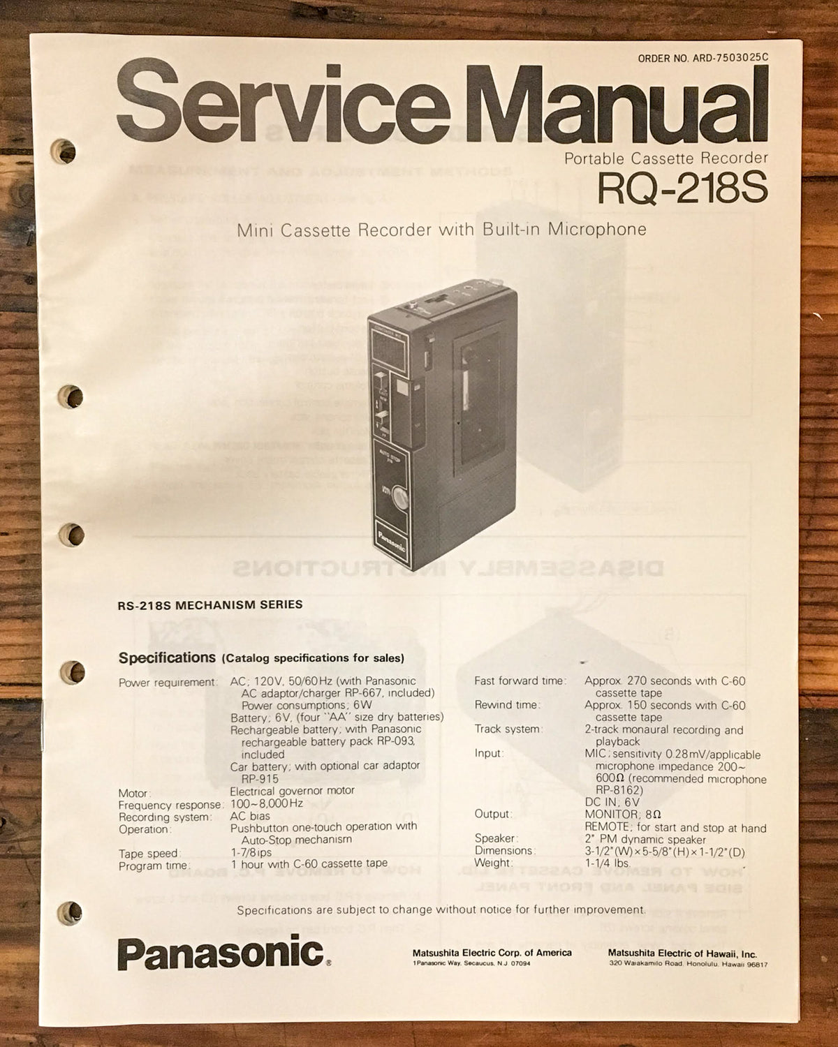 Panasonic RQ-218S Portable Cassette Service Manual *Original*