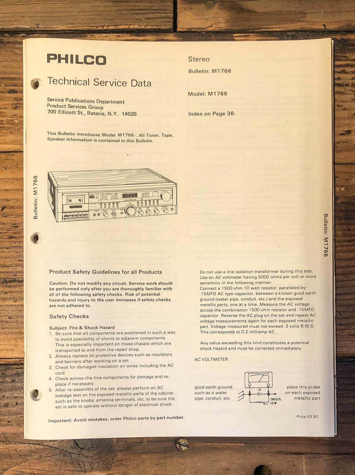 Philco Model M1766 Radio / Stereo Service Manual *Original*