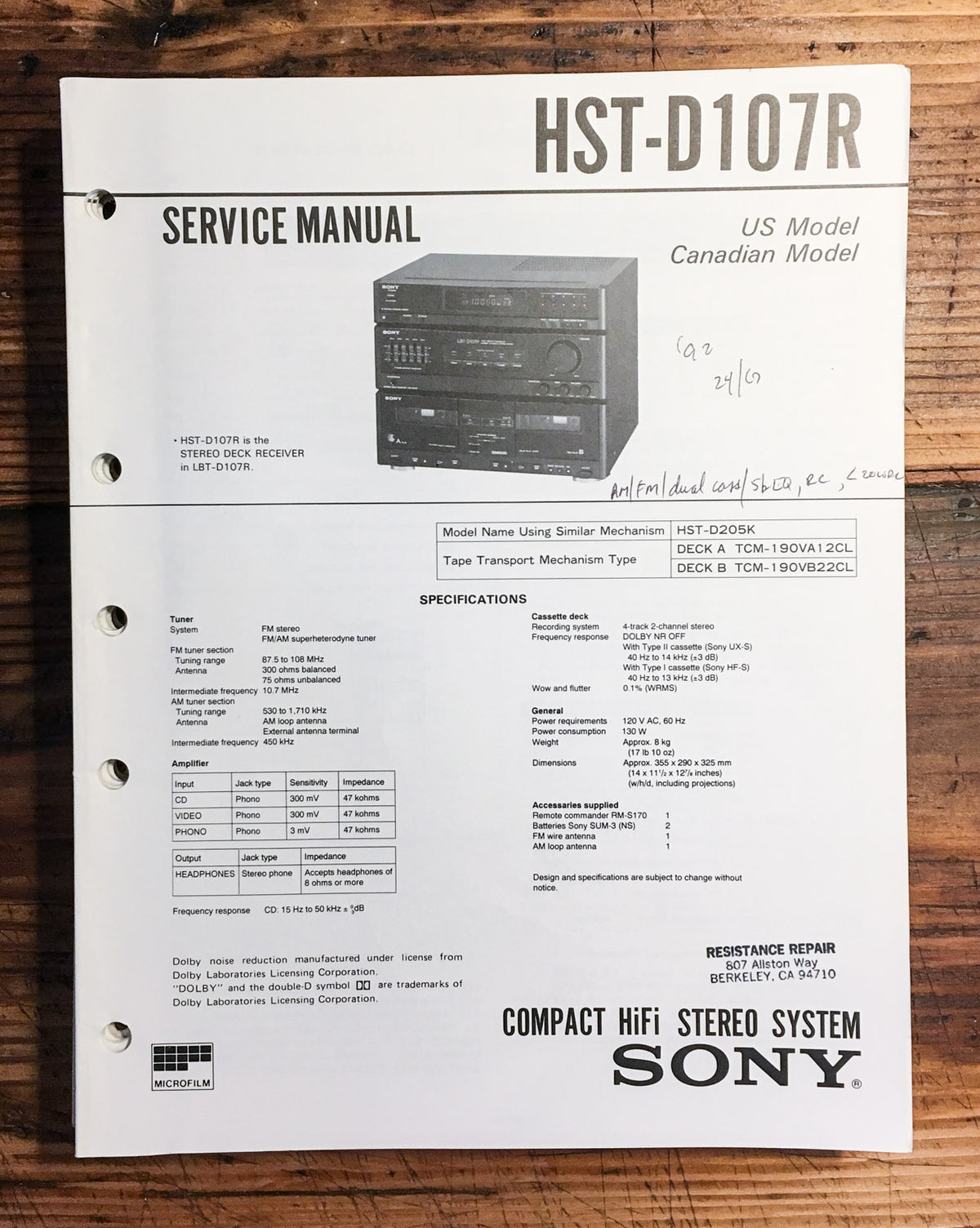 Sony HST-D107R Stereo Service Manual *Original*