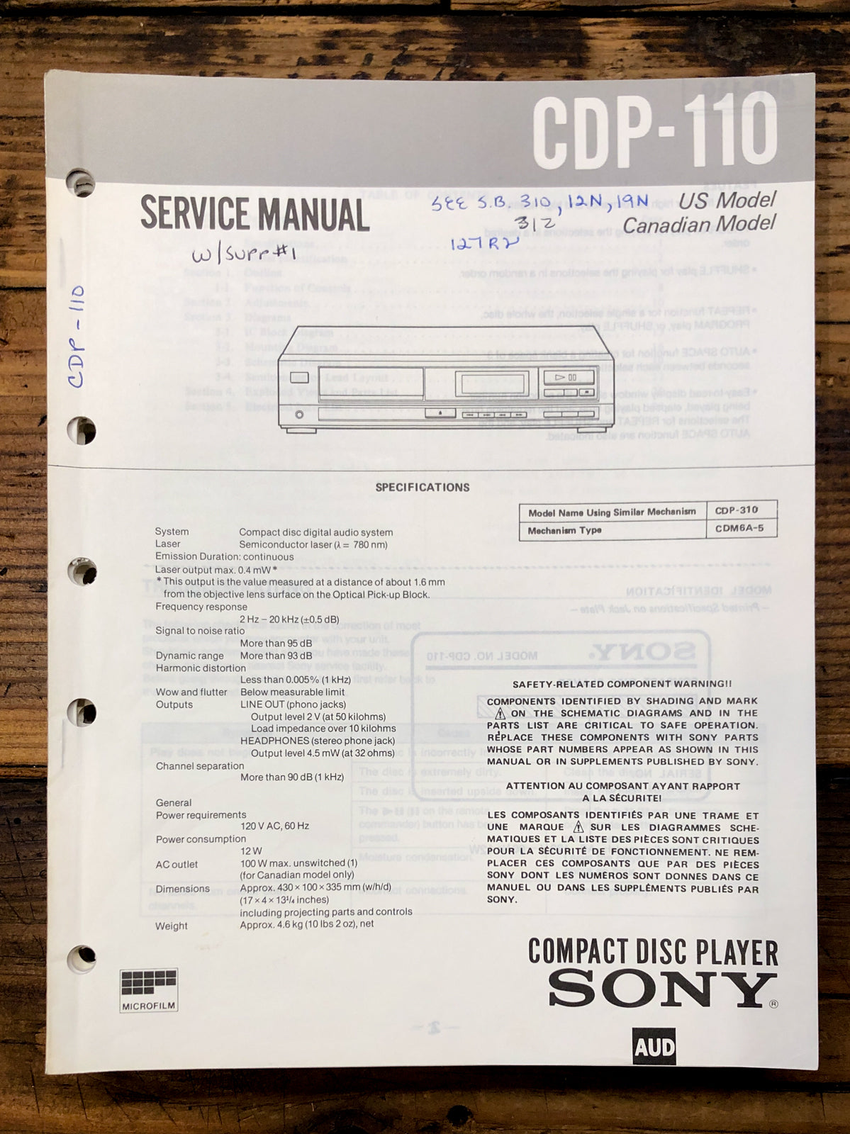 Sony CDP-110 CD Player Service Manual *Original*