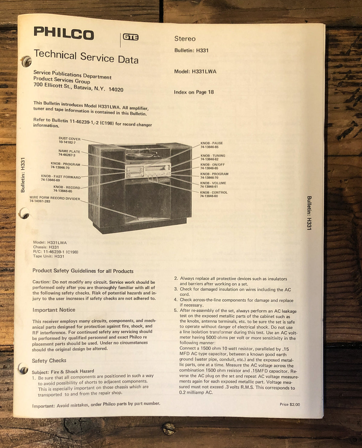 Philco H331LWA H331 Console Stereo Service Manual *Original*