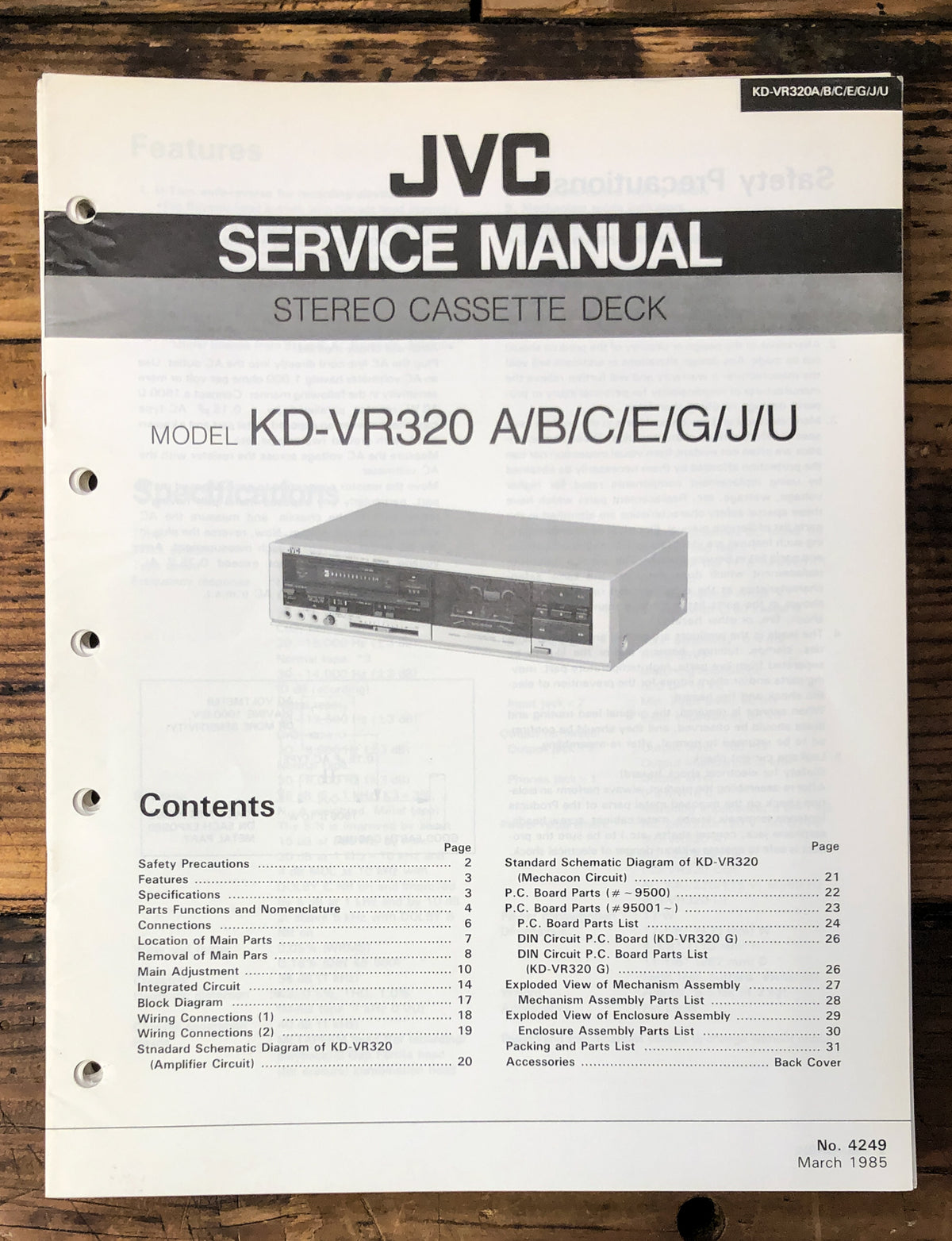 JVC KD-VR320 Cassette Service Manual *Original*