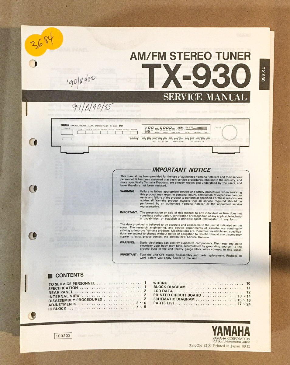 Yamaha TX-930 Tuner Service Manual *Original*
