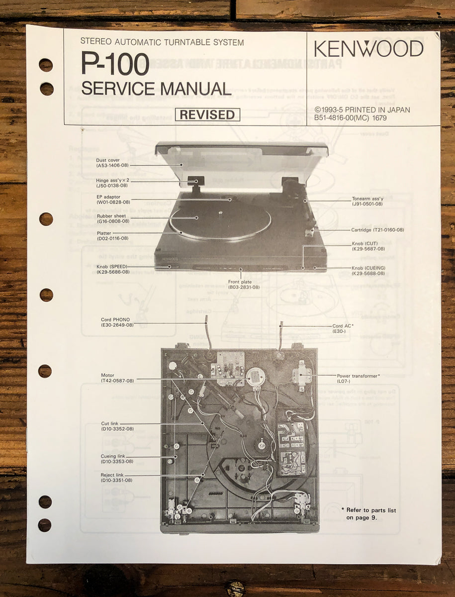 Kenwood P-100 Record Player / Turntable Service Manual *Original*