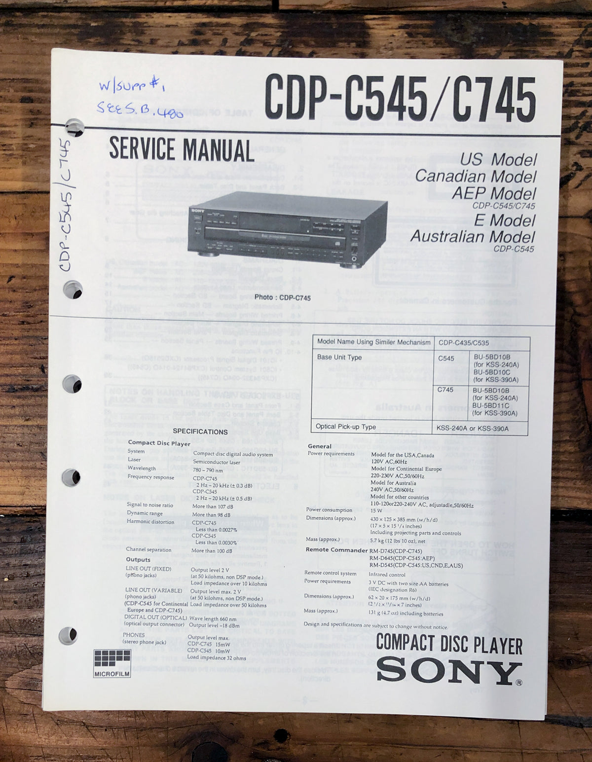 Sony CDP-C545 CDP-C745 CD Player Service Manual *Original*