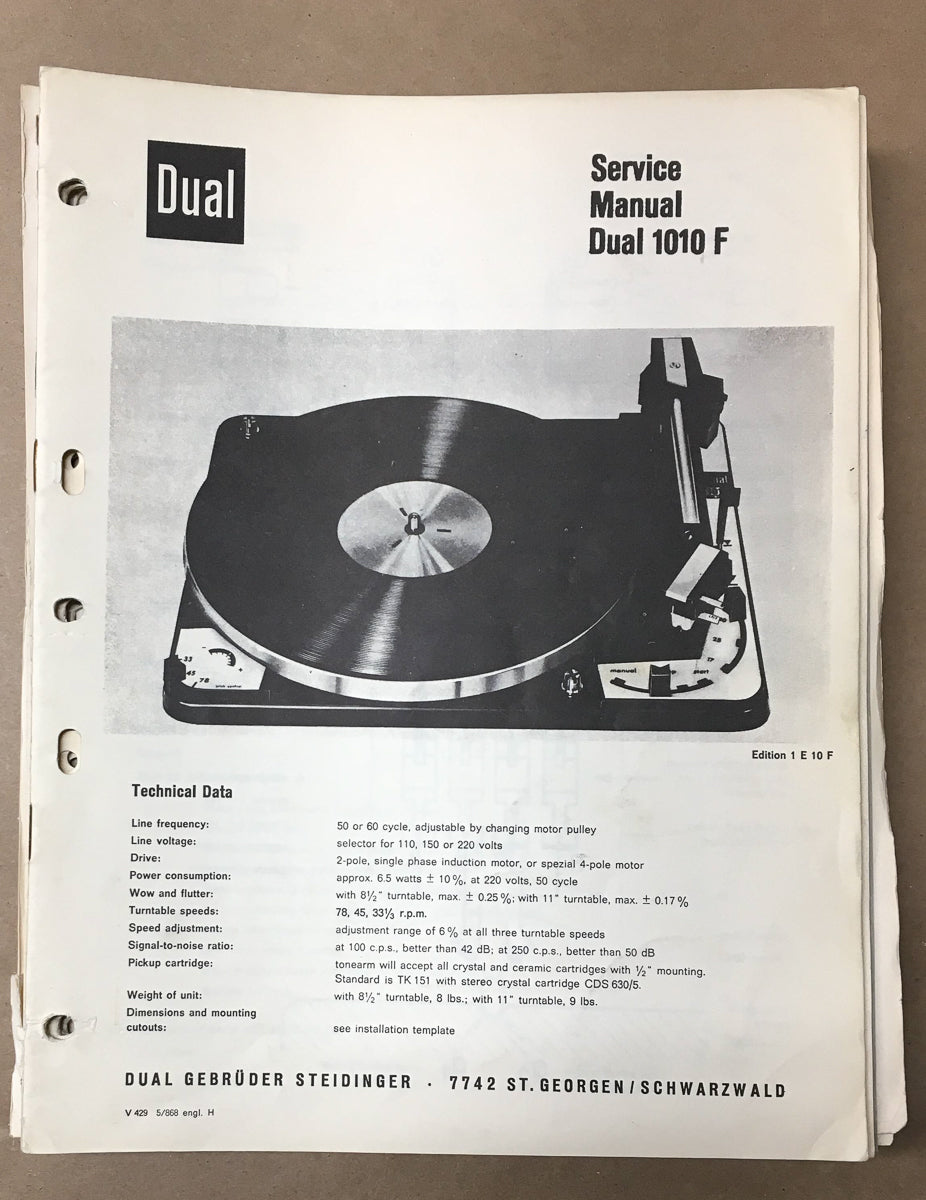 Dual Model 1010F Record Player / Turntable Service Manual *Original*