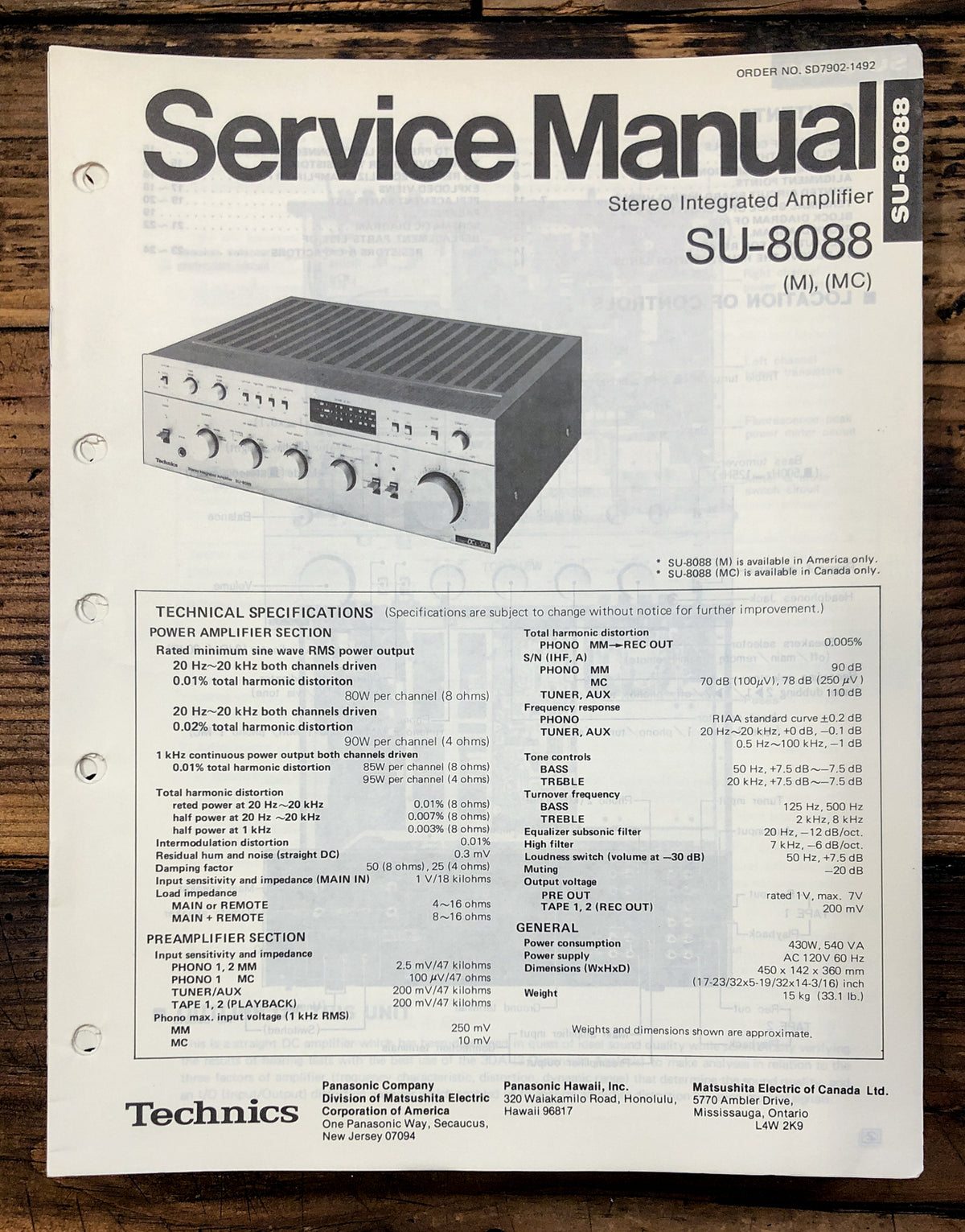 Technics SU-8088 Amplifier Service Manual *Original*
