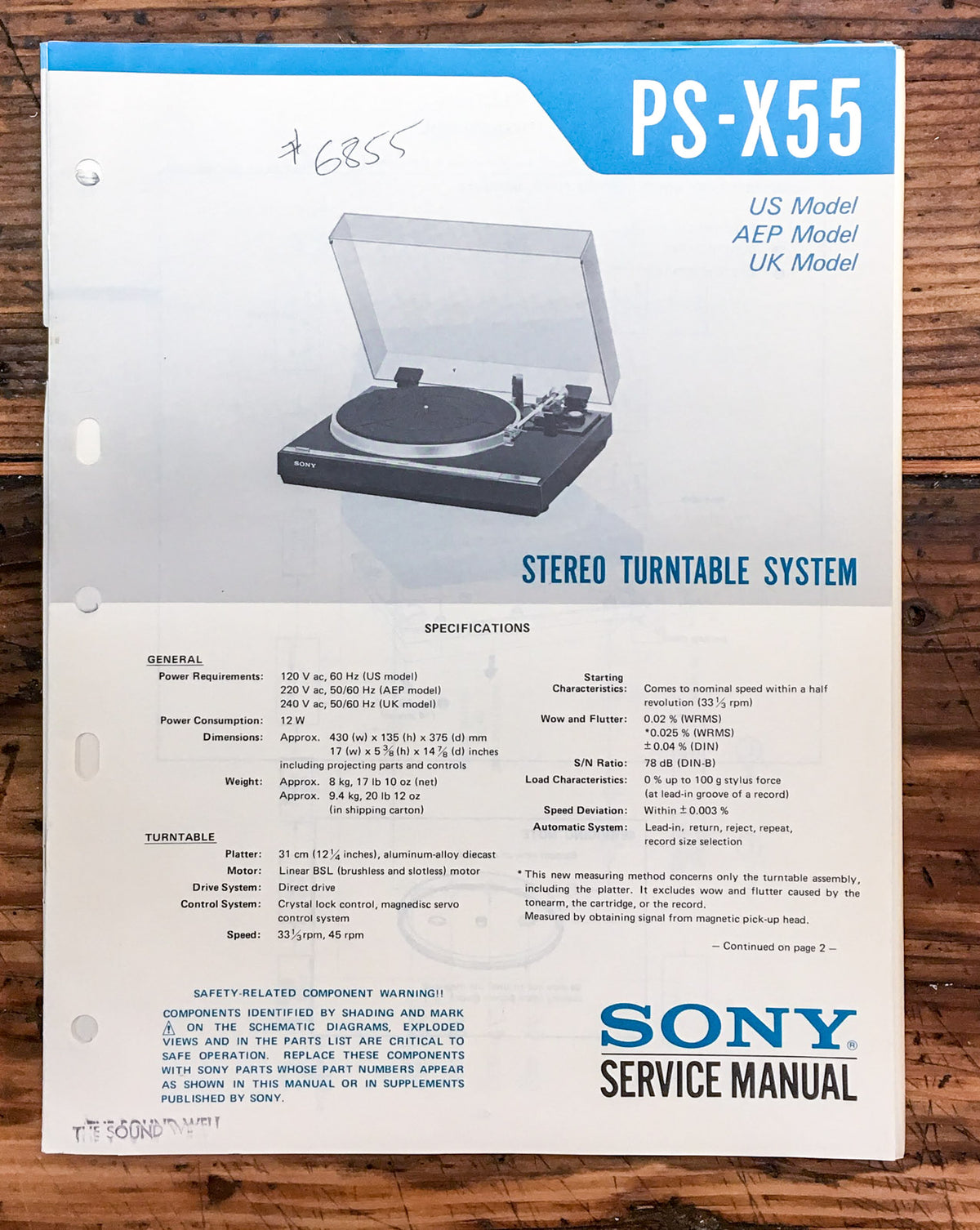 Sony PS-X55 Record Player / Turntable Service Manual *Original*