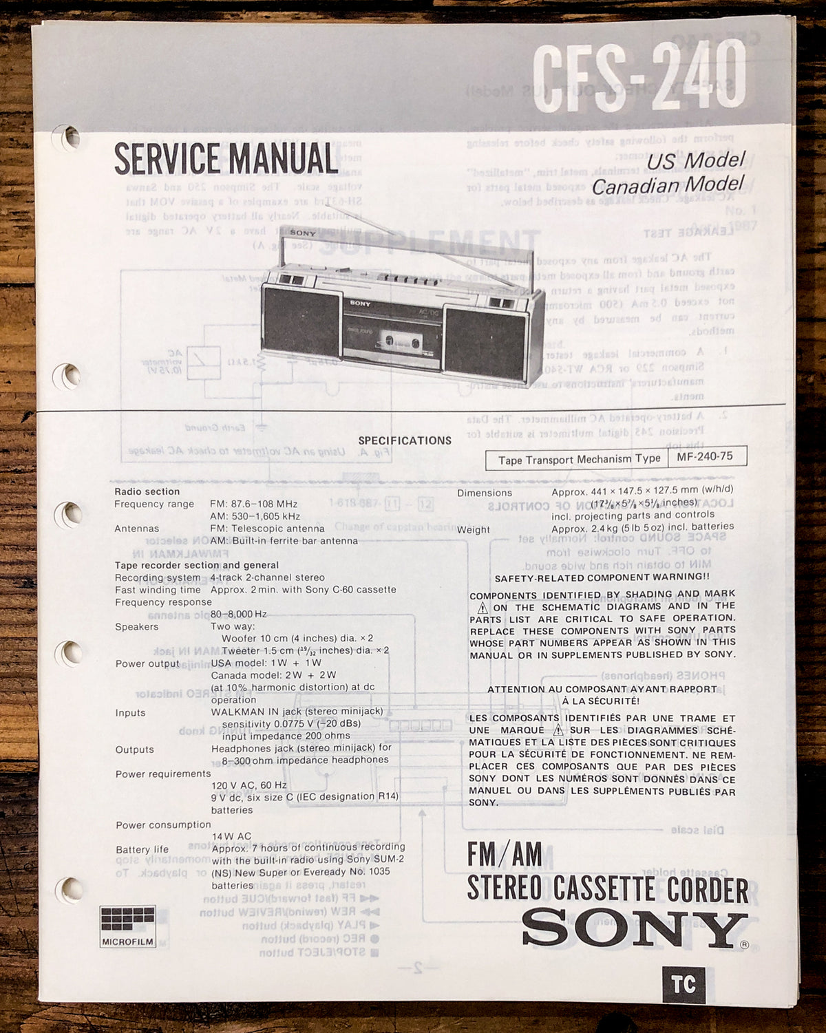 Sony CFS-240 Radio / Stereo Service Manual *Original*