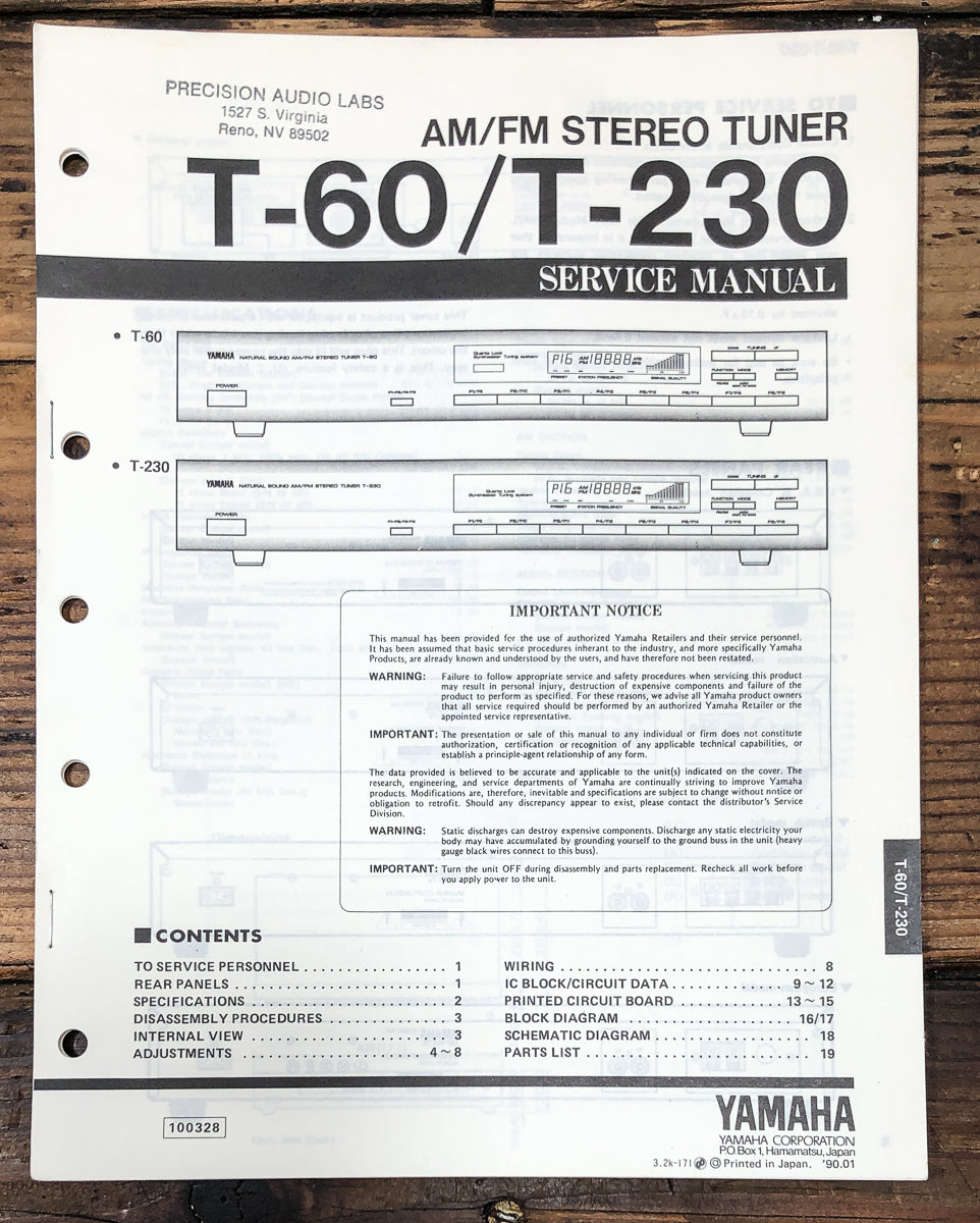 Yamaha T-60 T-230 Tuner Service Manual *Original*