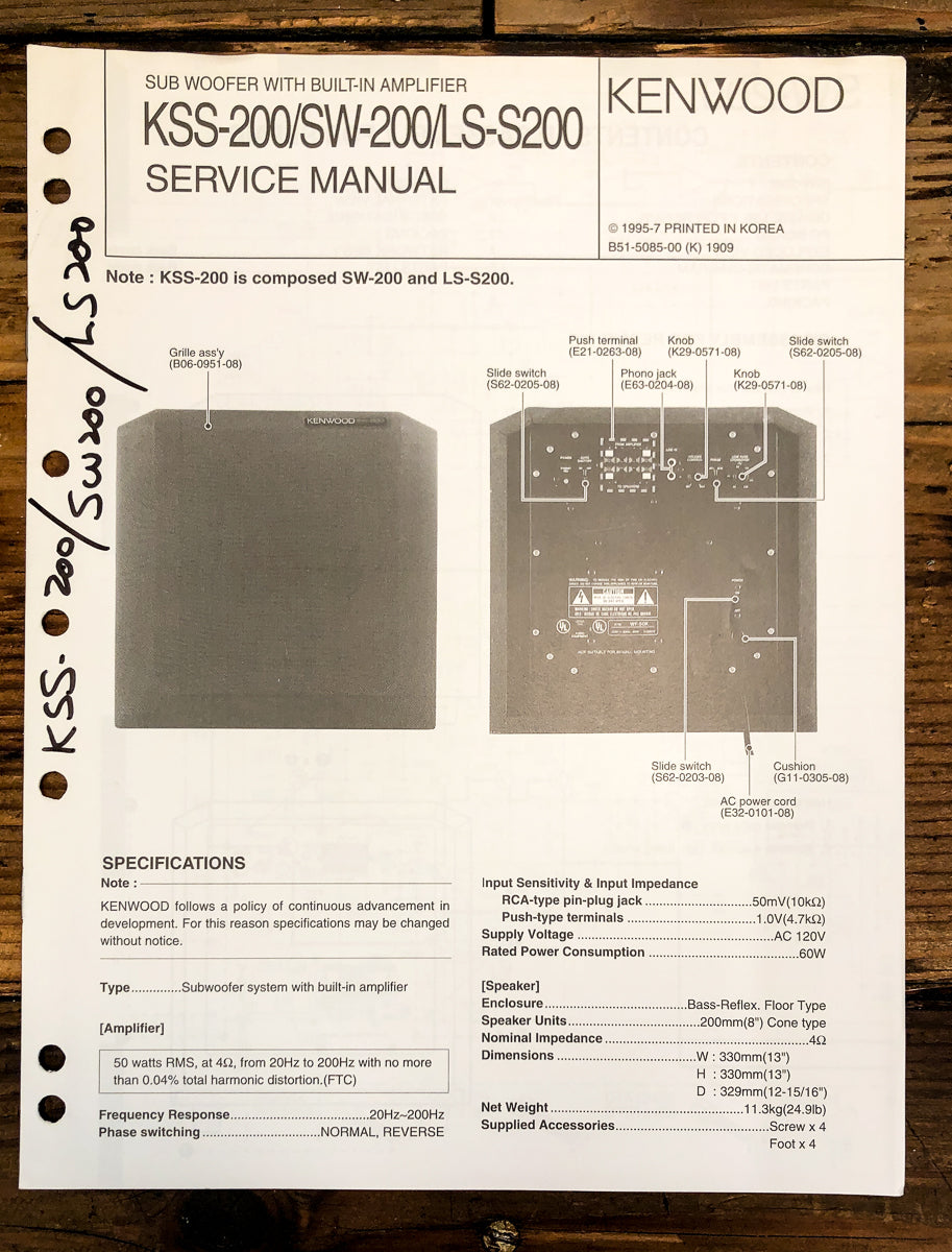 Kenwood KSS-200 SW-200 LS-S200 Subwoofer Service Manual *Original*