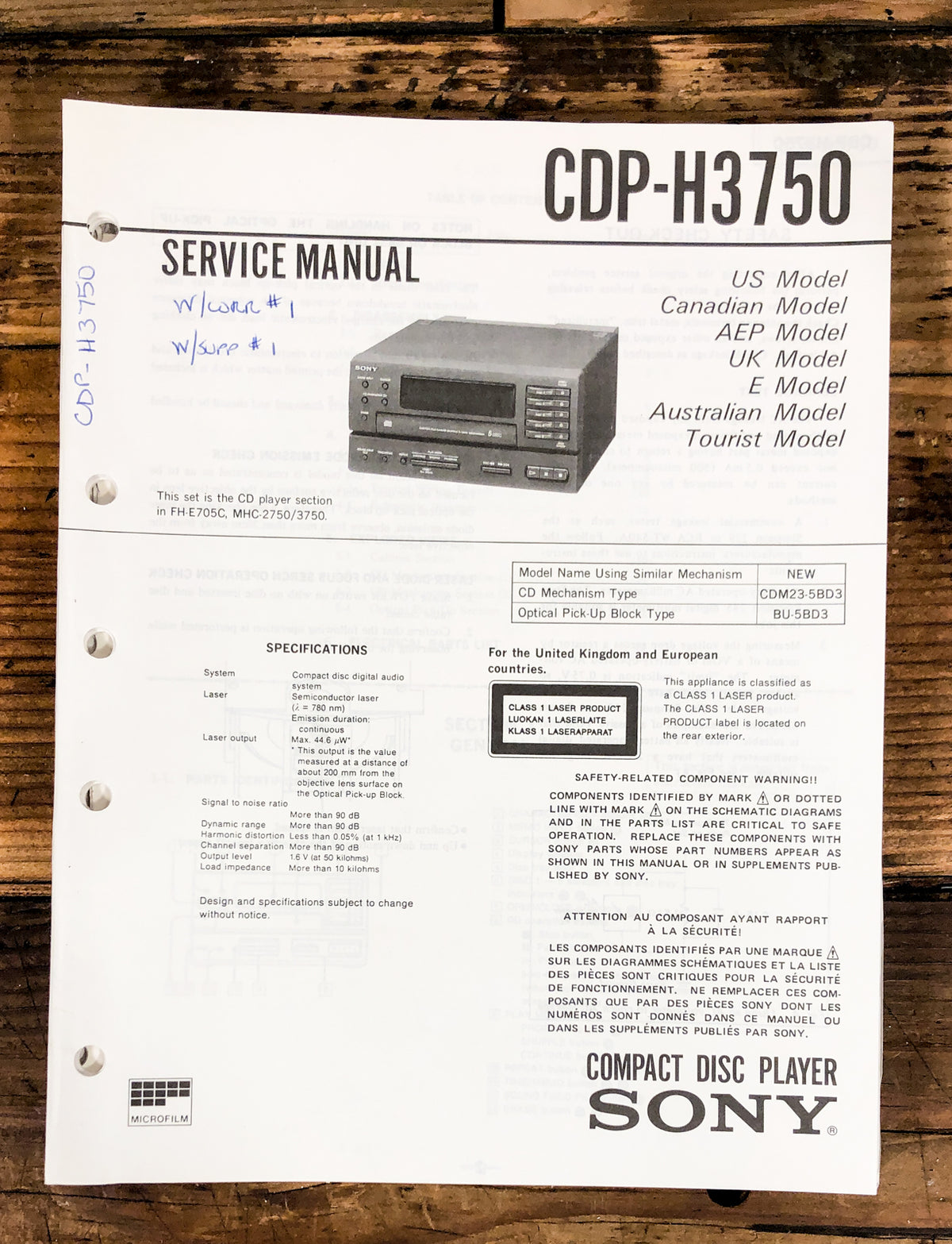 Sony CDP-H3750 CD Player Service Manual *Original*