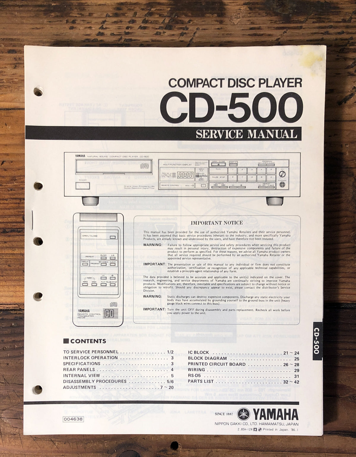 Yamaha CD-500 CD Player Service Manual *Original*