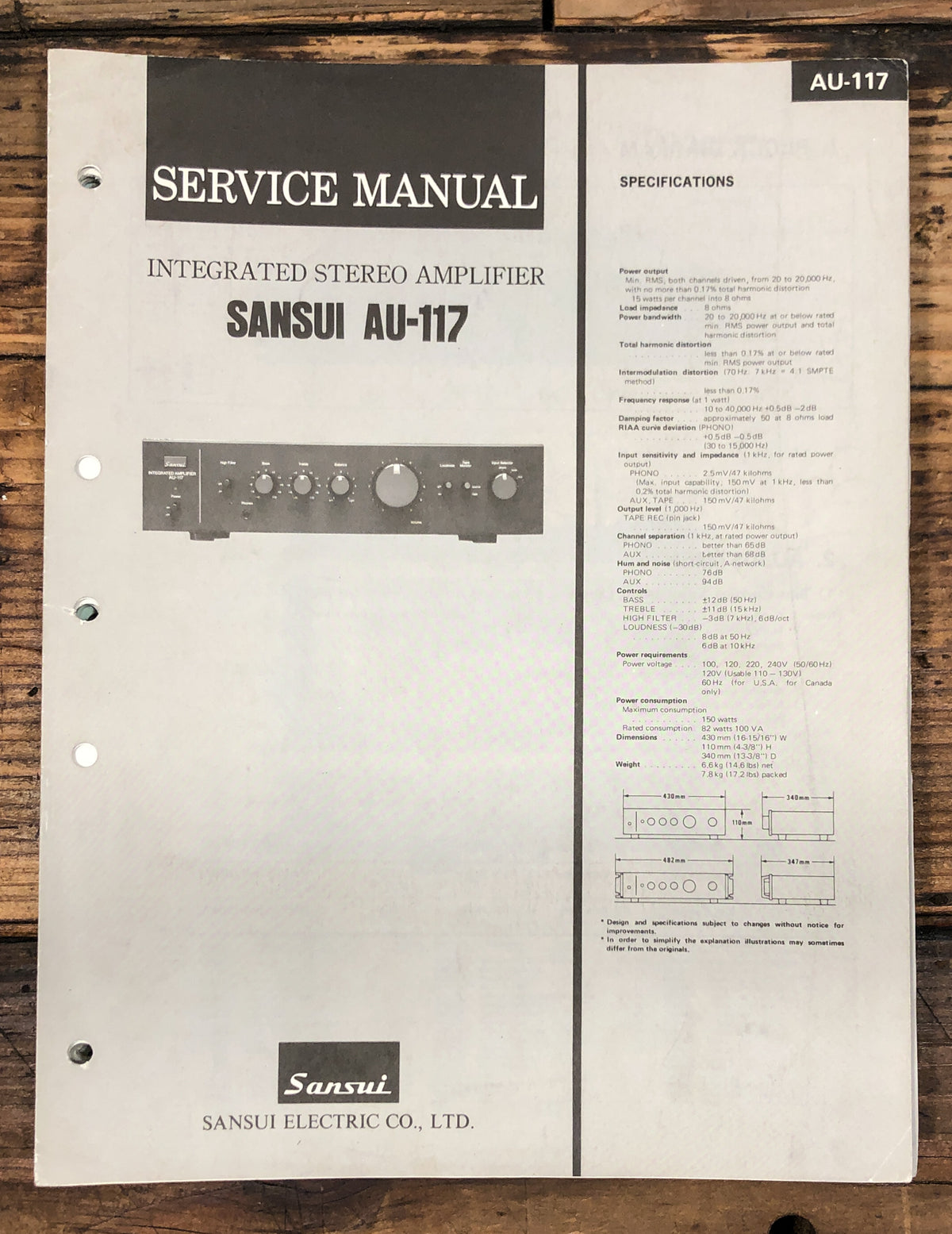 Sansui AU-117 Amplifier Service Manual *Original*