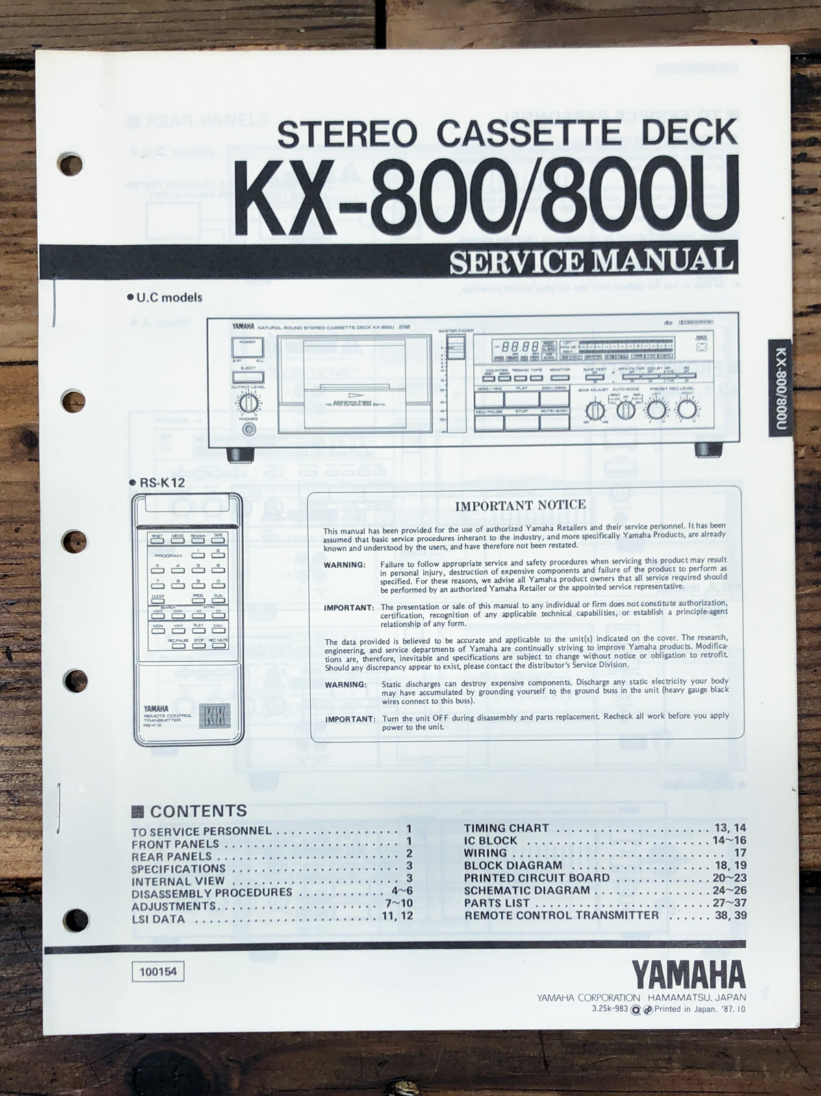 Yamaha KX-800 KX-800U Cassette Service Manual *Original*