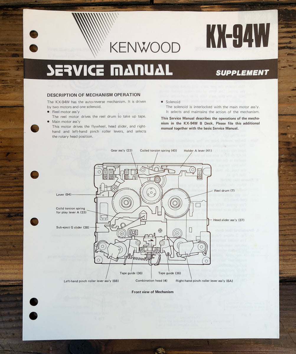Kenwood KX-94W Cassette Supplement Service Manual *Original*