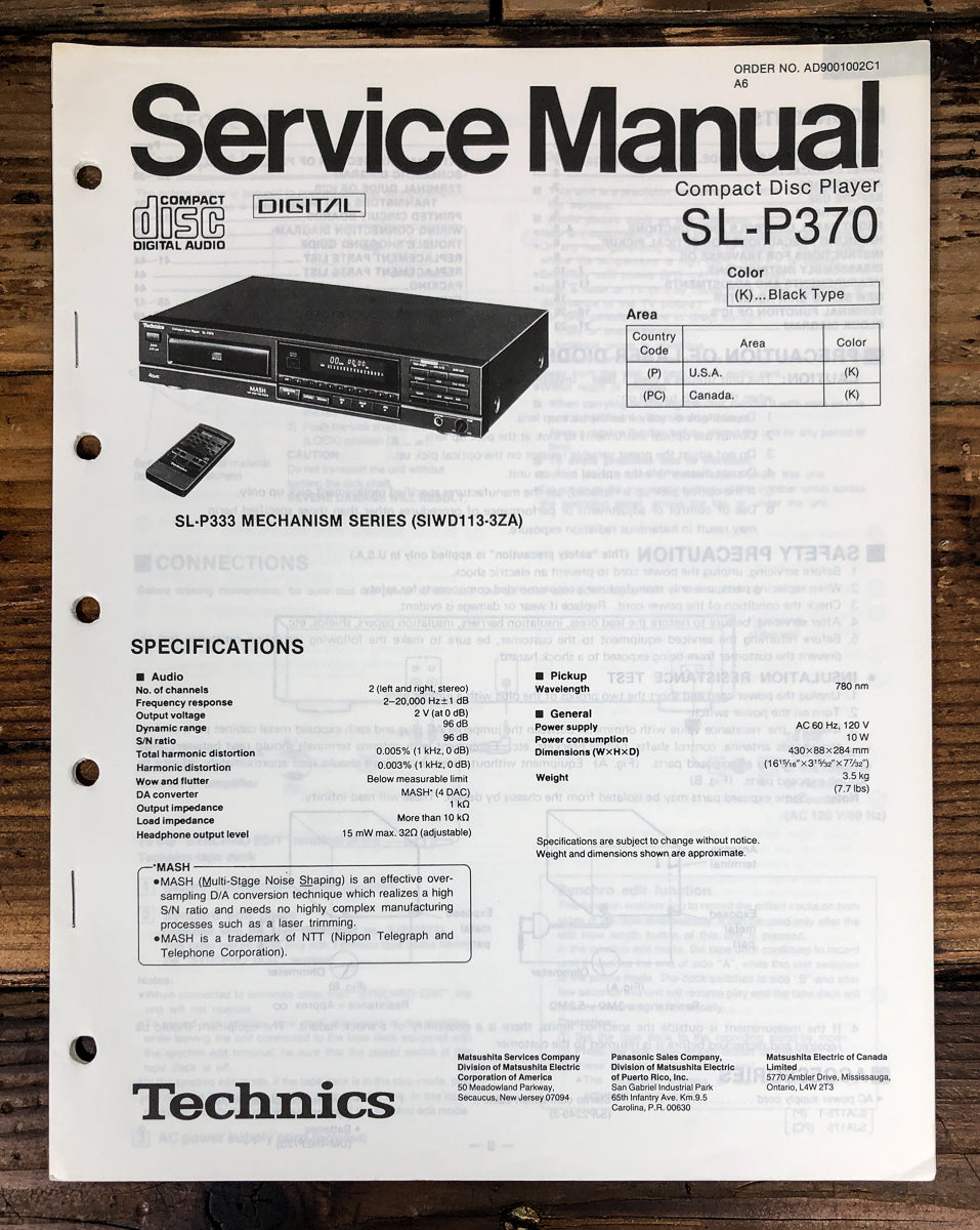 Technics SL-P370 CD Player Service Manual *Original*