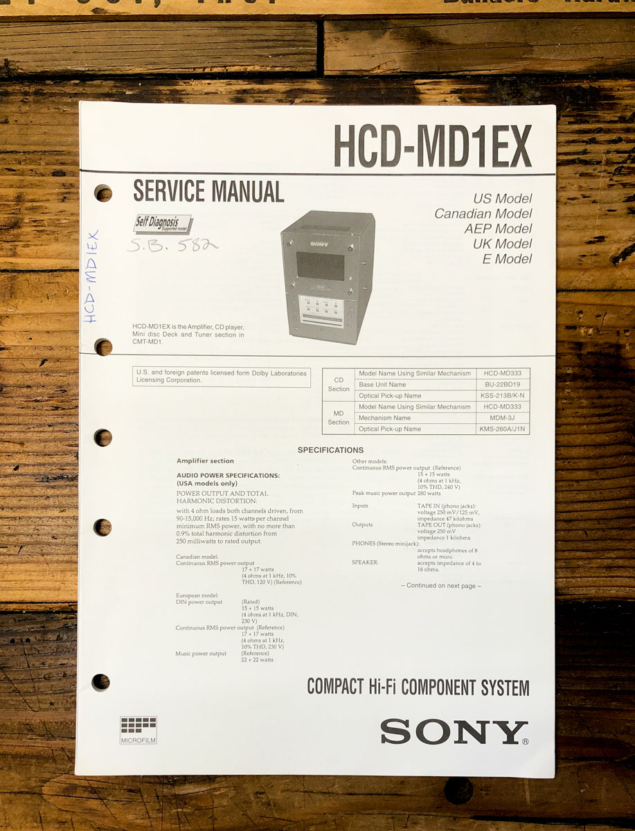Sony HCD-MD1EX MD Stereo Service Manual *Original*