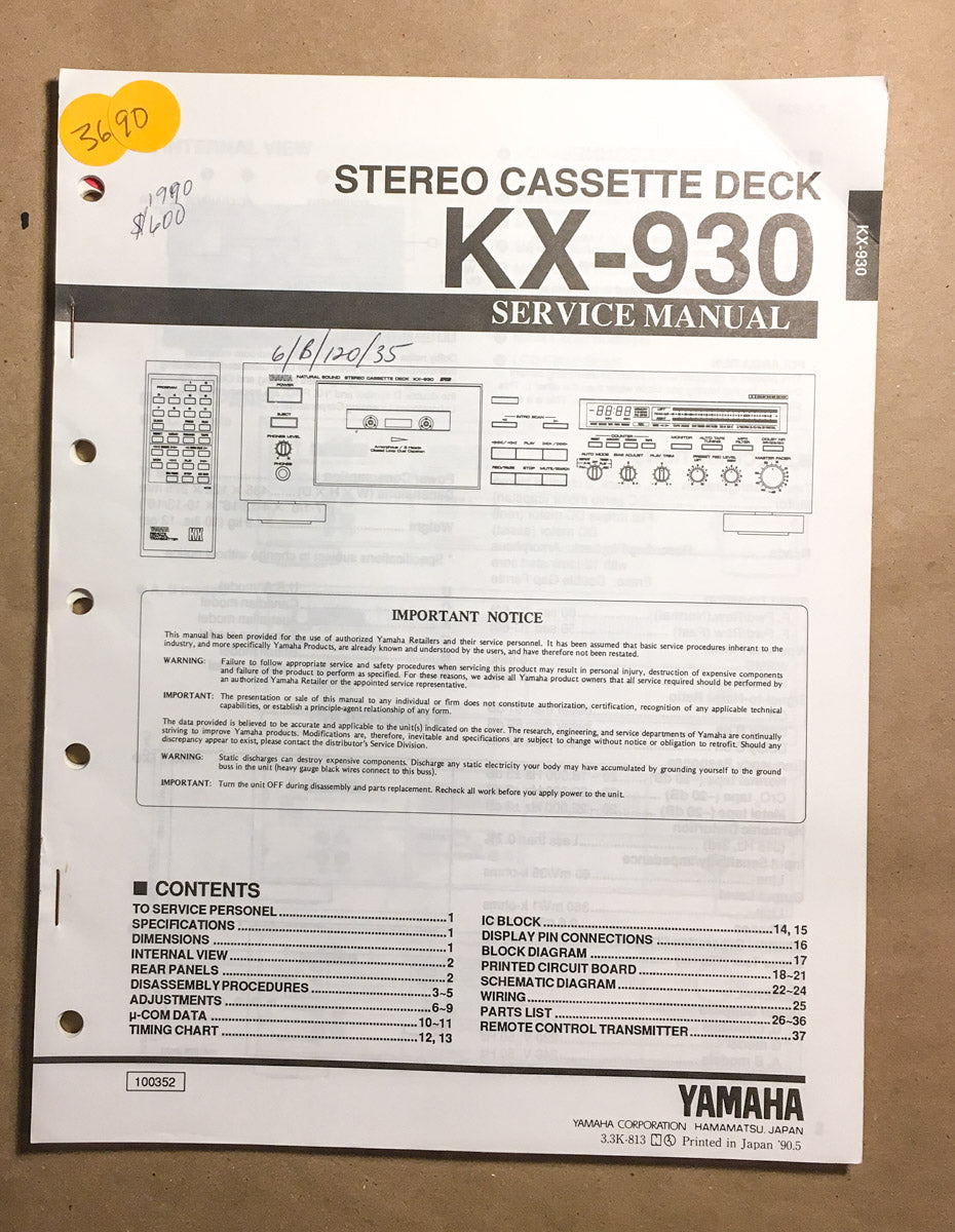 Yamaha KX-930 Cassette Service Manual *Original*