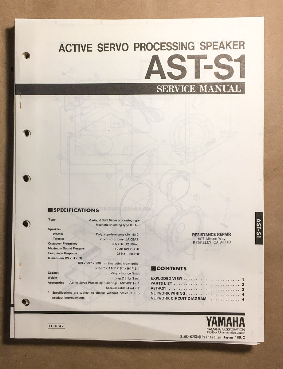 Yamaha AST-S1 Speaker Service Manual *Original*