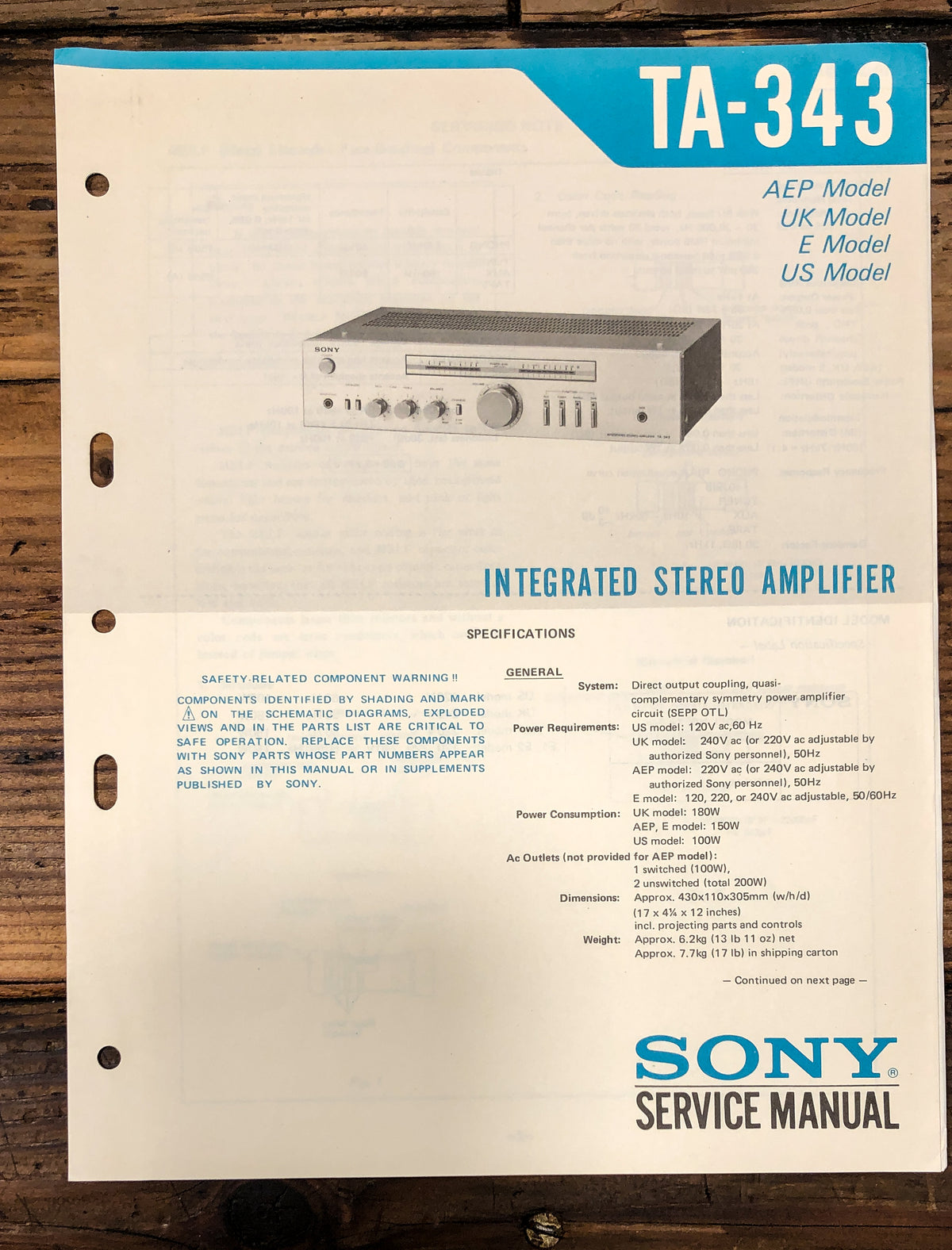 Sony TA-343 Amplifier Service Manual *Original*