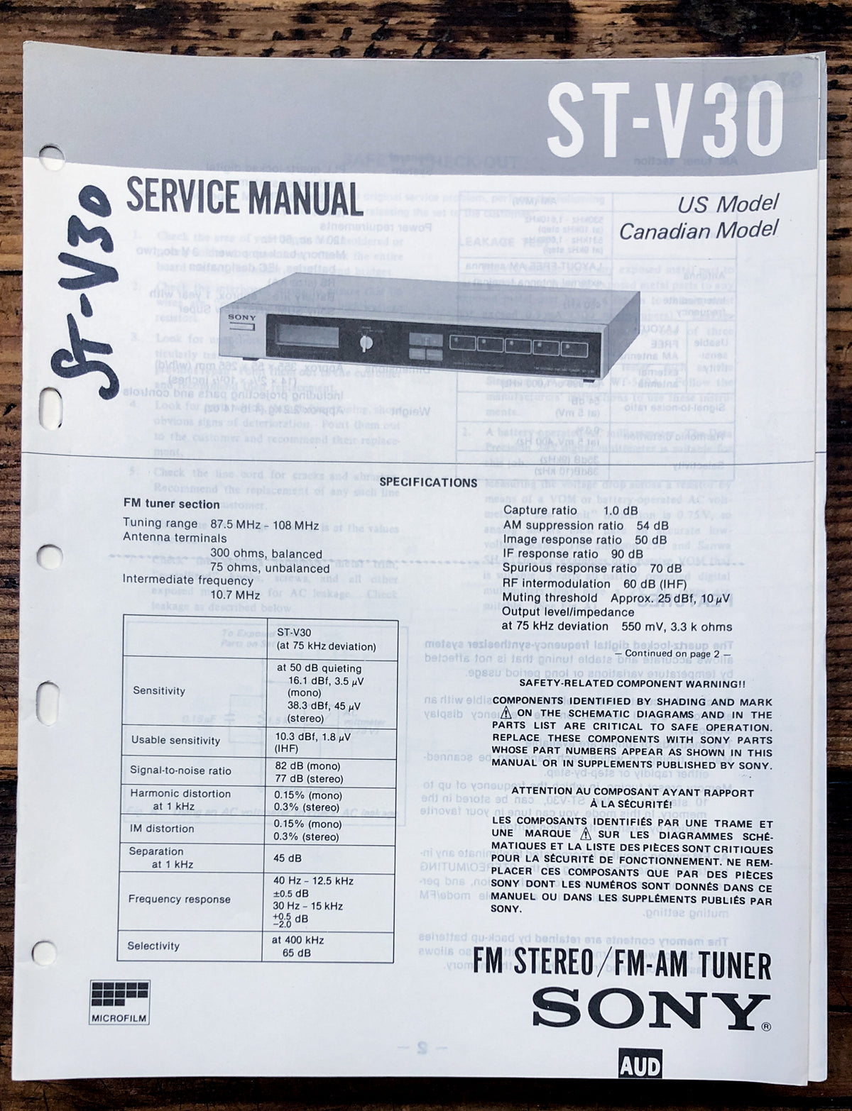 Sony ST-V30 Tuner Service Manual *Original*
