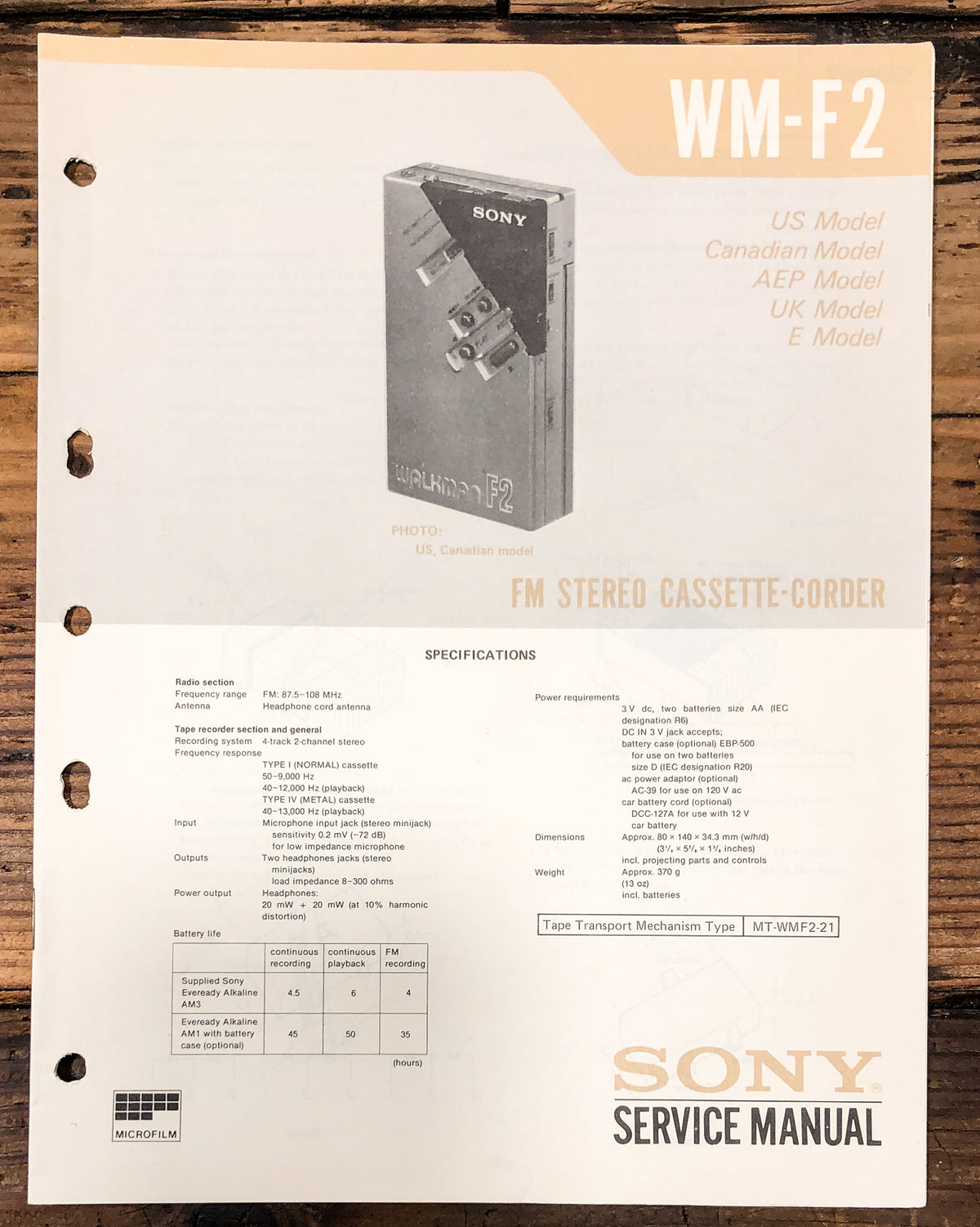 Sony WM-F2 Radio Cassette Service Manual *Original*