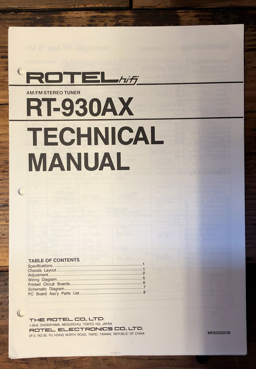 Rotel RT-930AX Tuner Service Manual *Original*