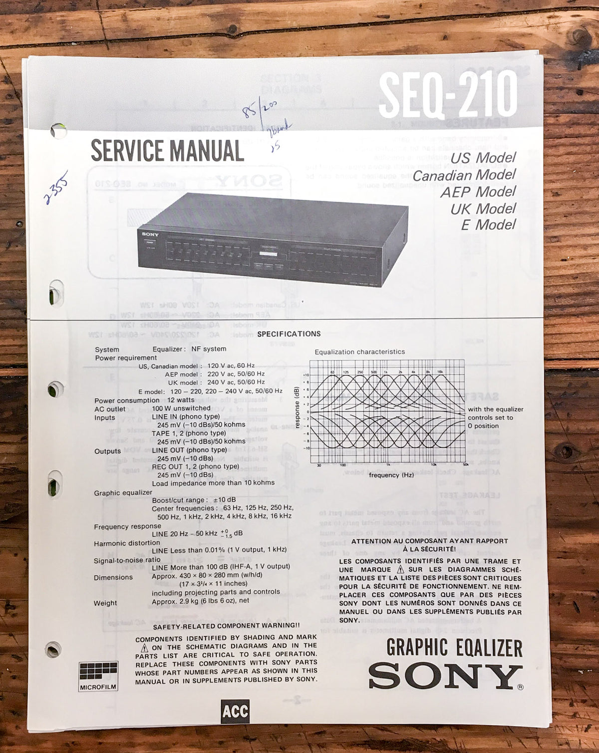 Sony SEQ-210 Equalizer Service Manual *Original*