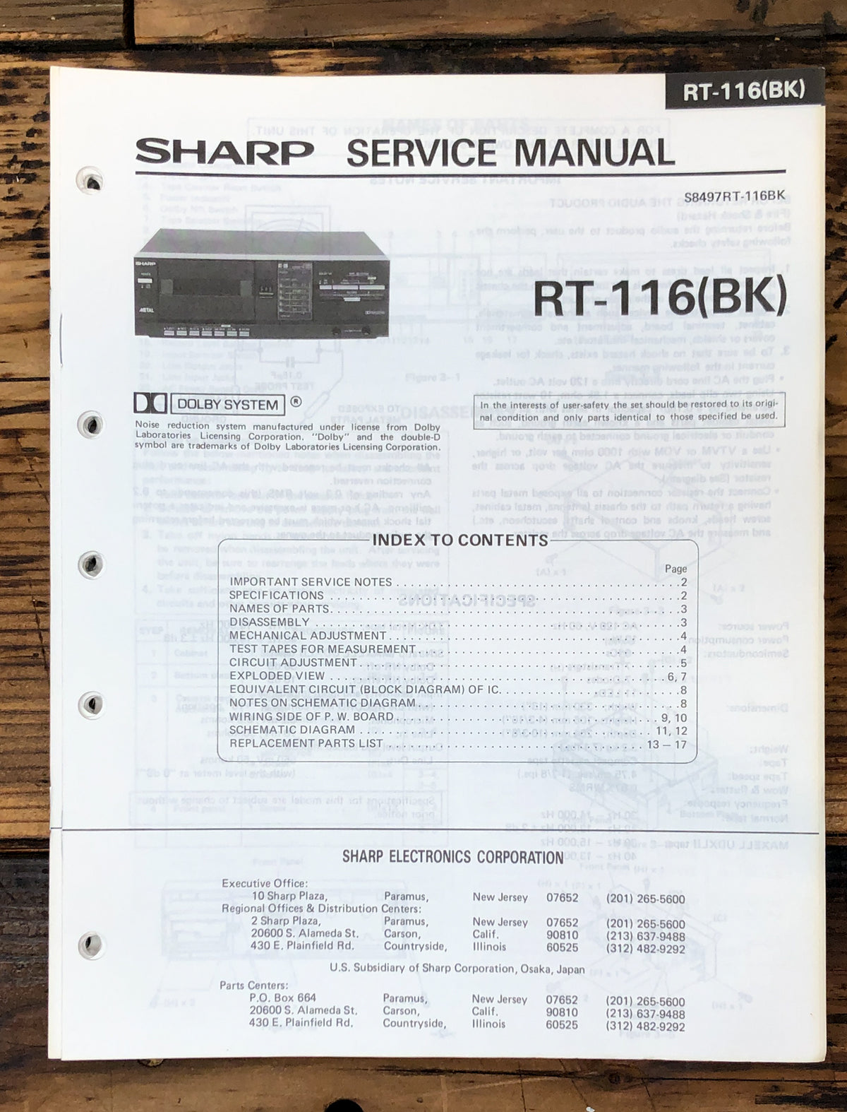 Sharp RT-116 Cassette Service Manual *Original*