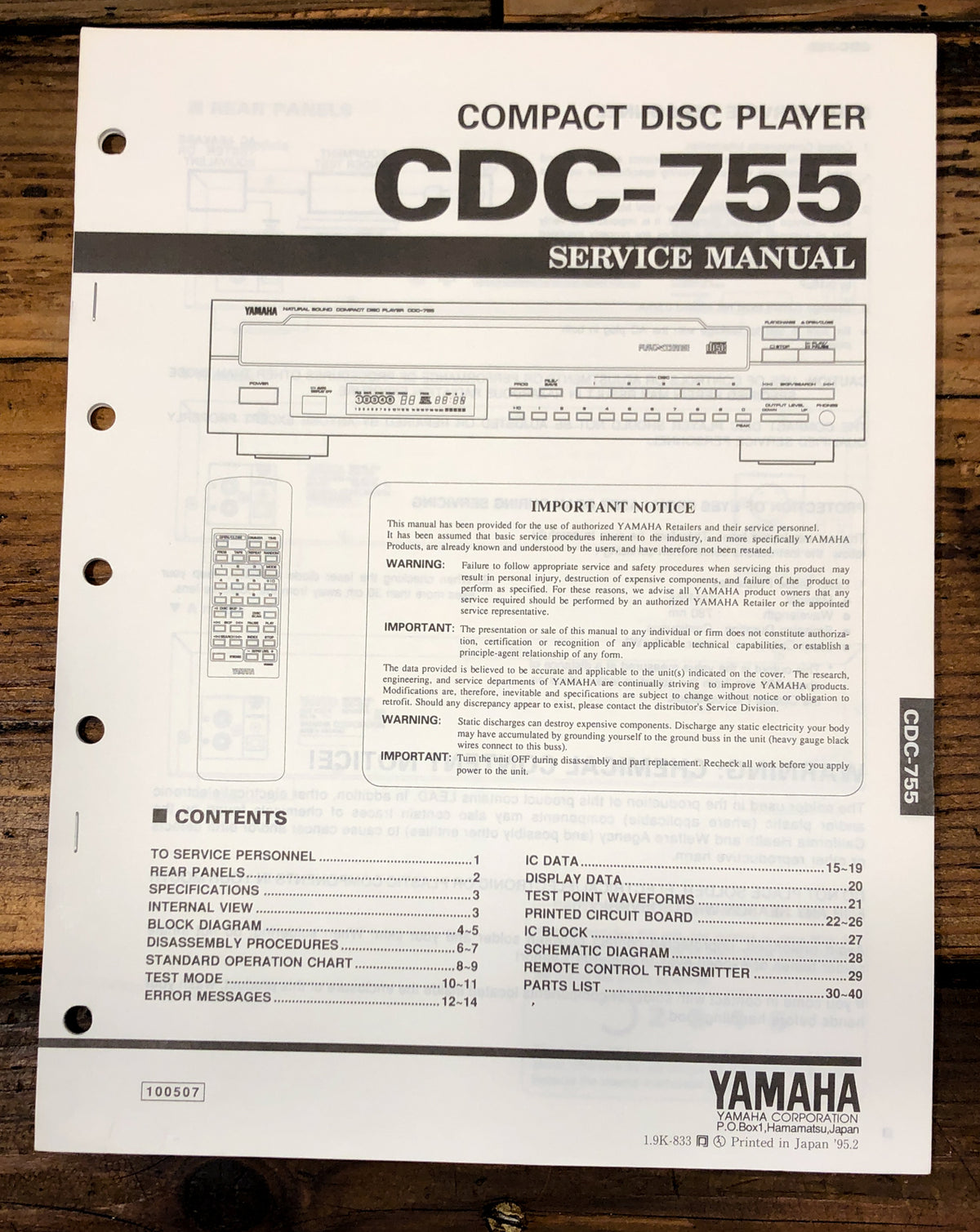 Yamaha CDC-755 CD Player Service Manual *Original*