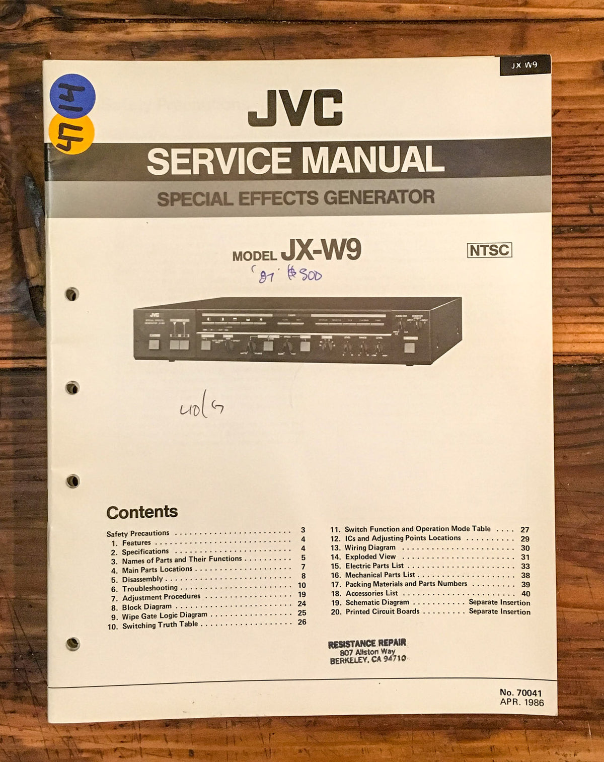 JVC JX-W9 Special Effects Generator Service Manual *Original*