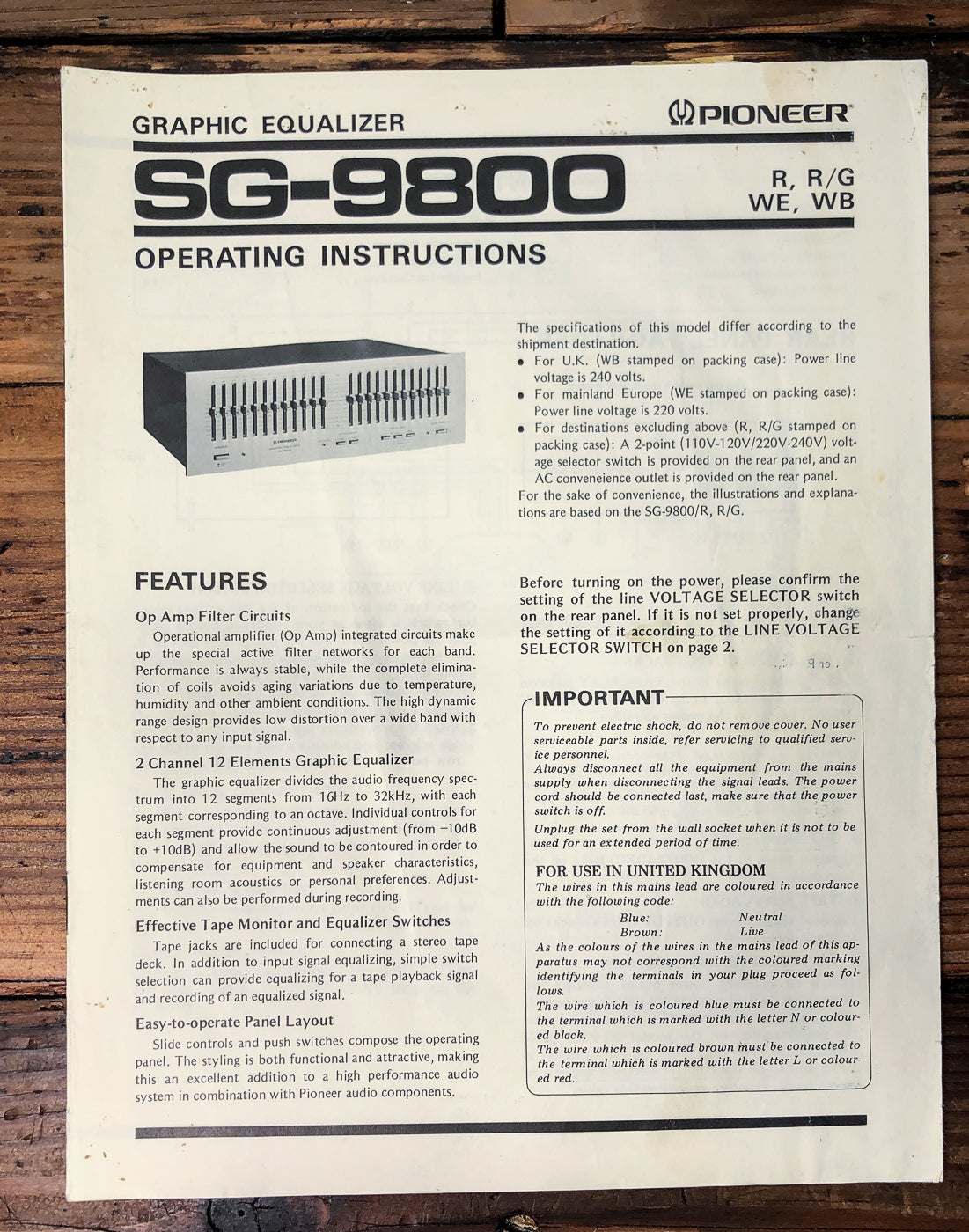 Pioneer SG-9800 Graphic Equalizer Owners / User Manual *Original*